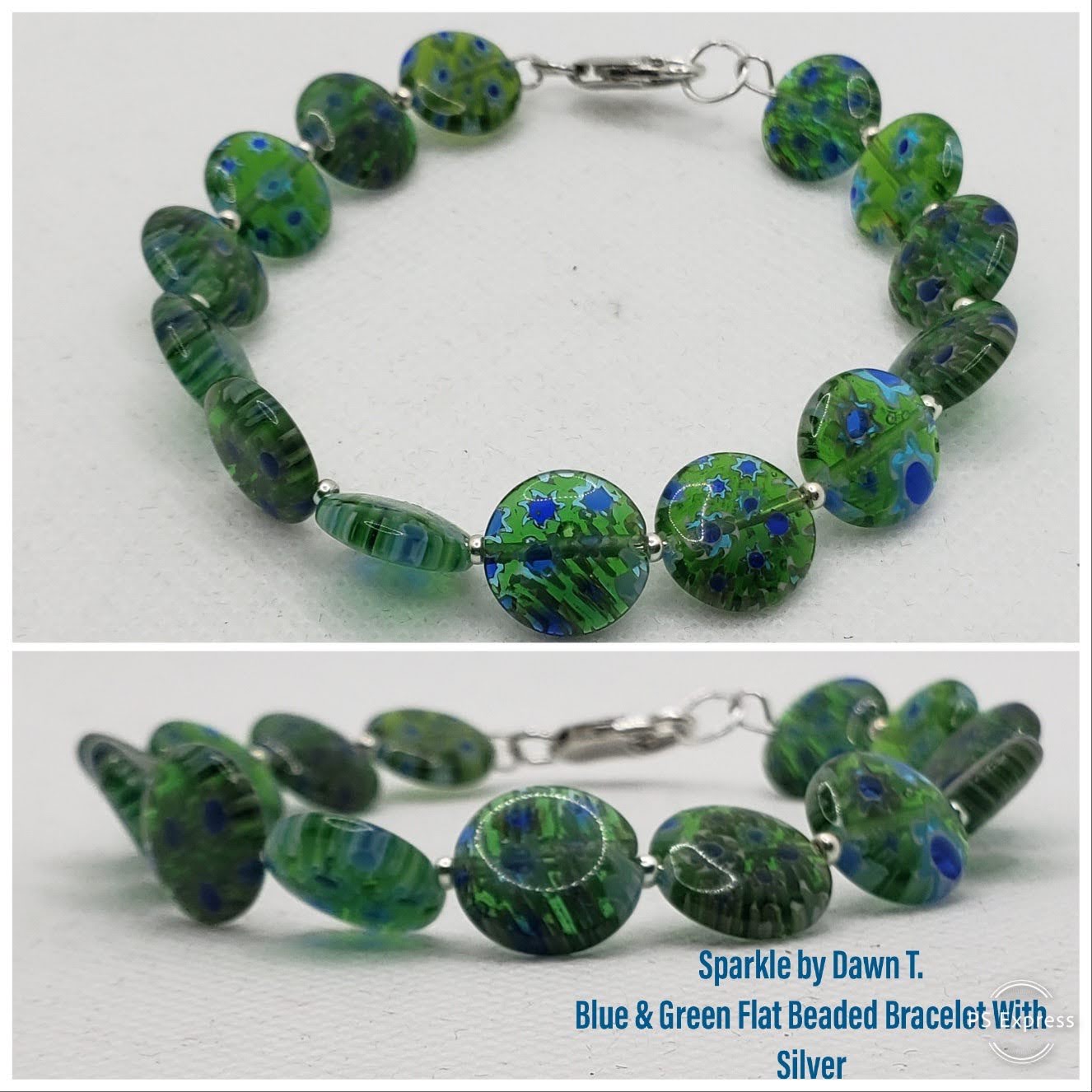 Green and Blue Flat Beads Bracelet with silver