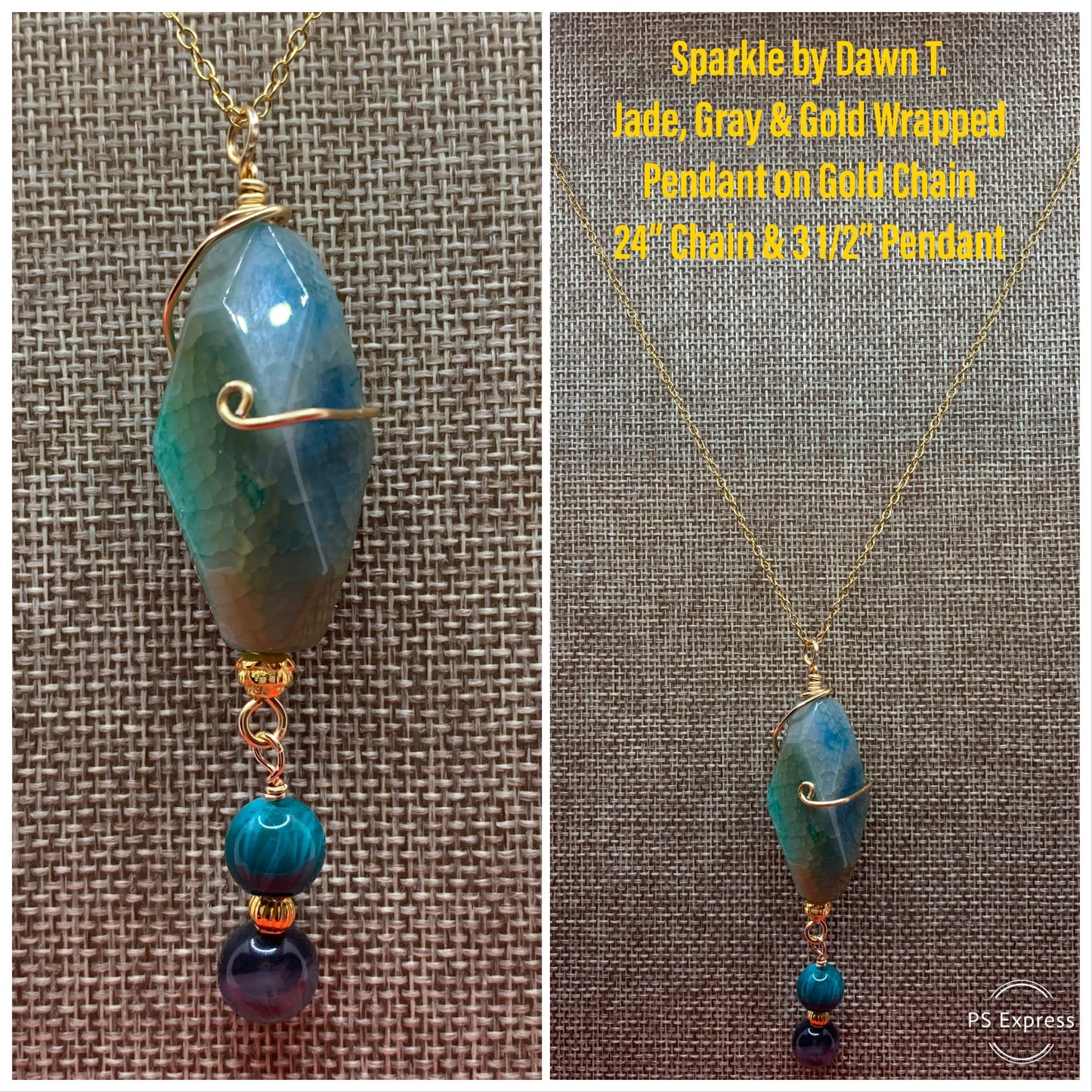 Jade, Gray and Gold Wrapped Pendant on Gold Chain, Bracelet, and Earrings