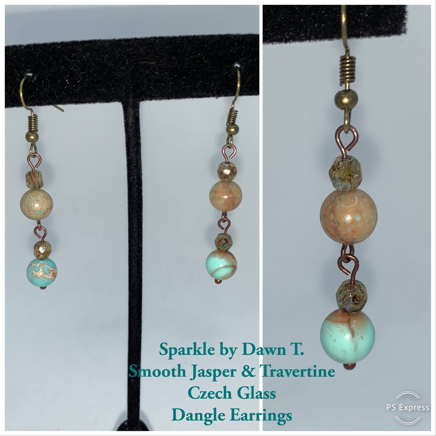 Double-Bracelet Set - Jasper, Travertine and Opaque Turquoise Czech Glass with Sedona Table cut Oval focal with other focal and matching earrings set