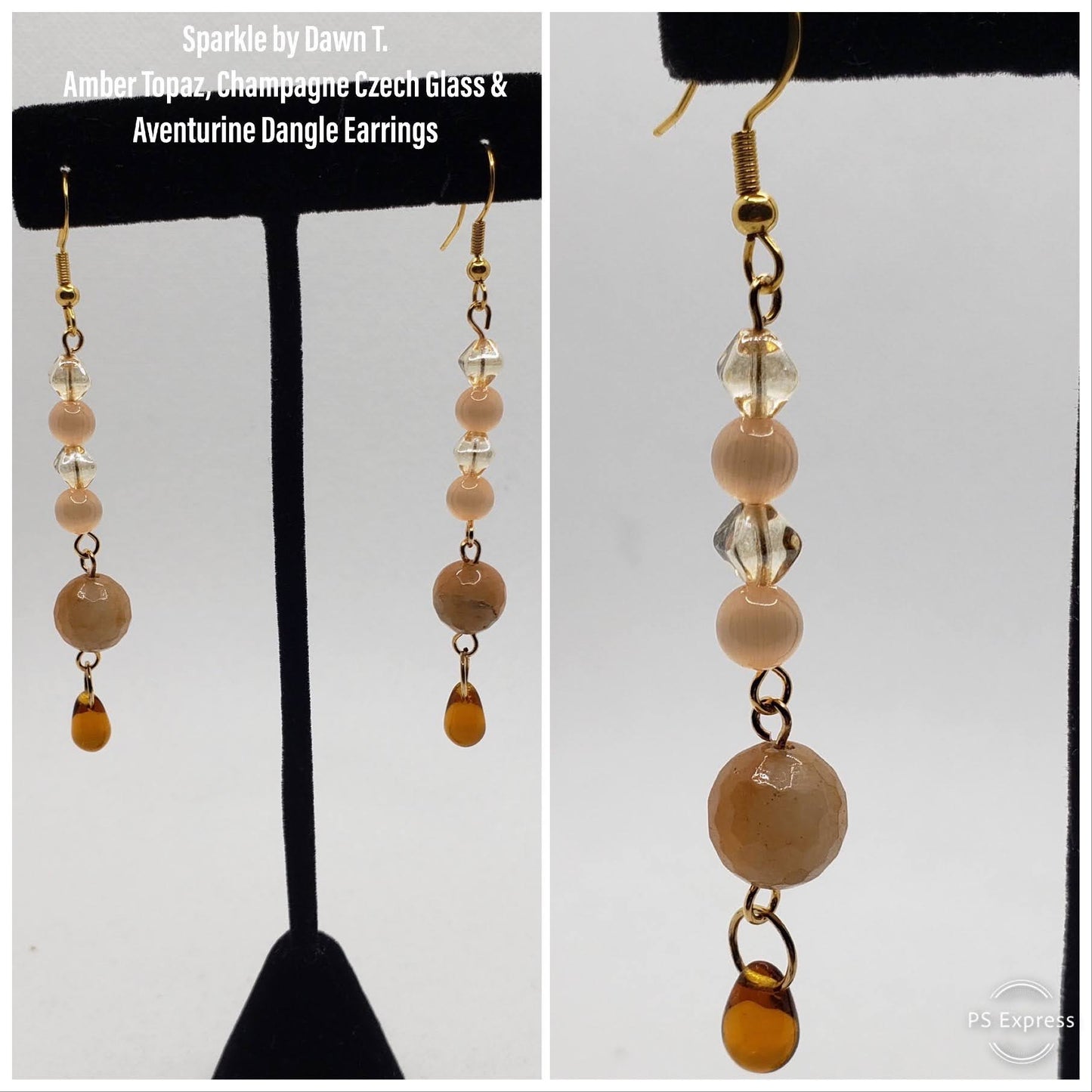 Amber Topaz & Champagne Czech Glass with Aventurine Beaded Necklace and Earrings