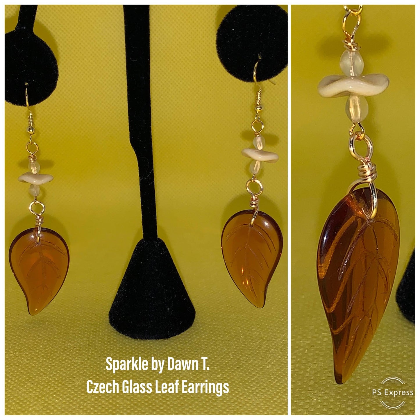 Czech Glass Leaf Pendant and Neutral Necklace with Earrings