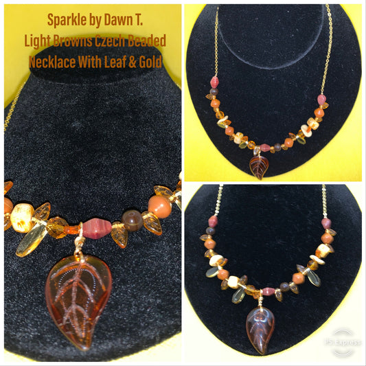 Czech Glass Leaf Pendant and Neutral Necklace with Earrings