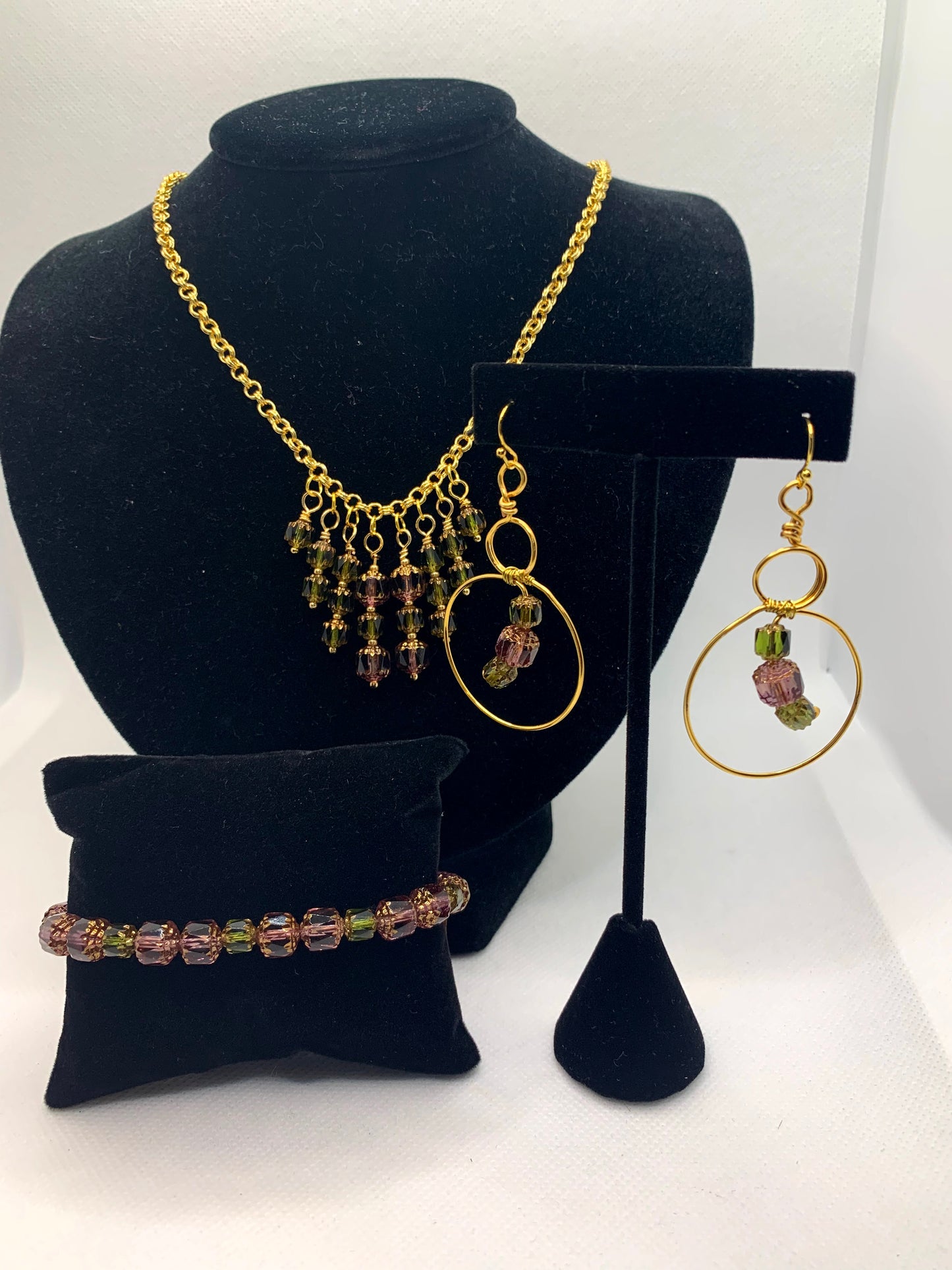 Czech Glass Cathedral Bronze Amethyst and Olive Beaded Set - Necklace, Bracelet and Earrings