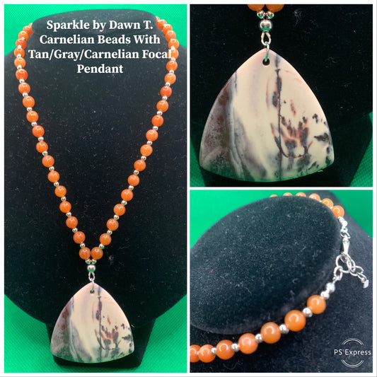 Carnelian Beads with Tan_Gray_Carnelian Focal Pendant Necklace