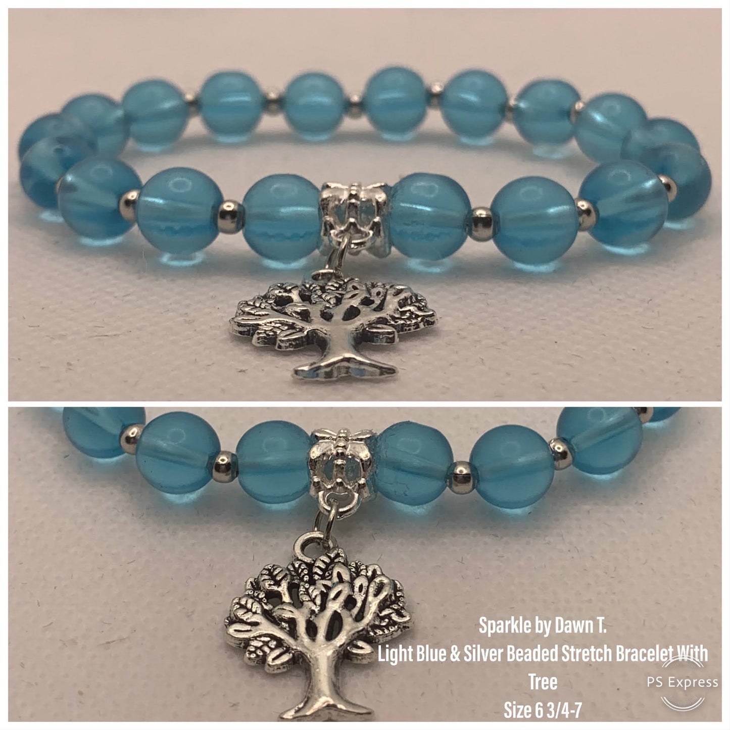 Light Blue and Silver Beaded Stretch Bracelet with Tree and Earrings