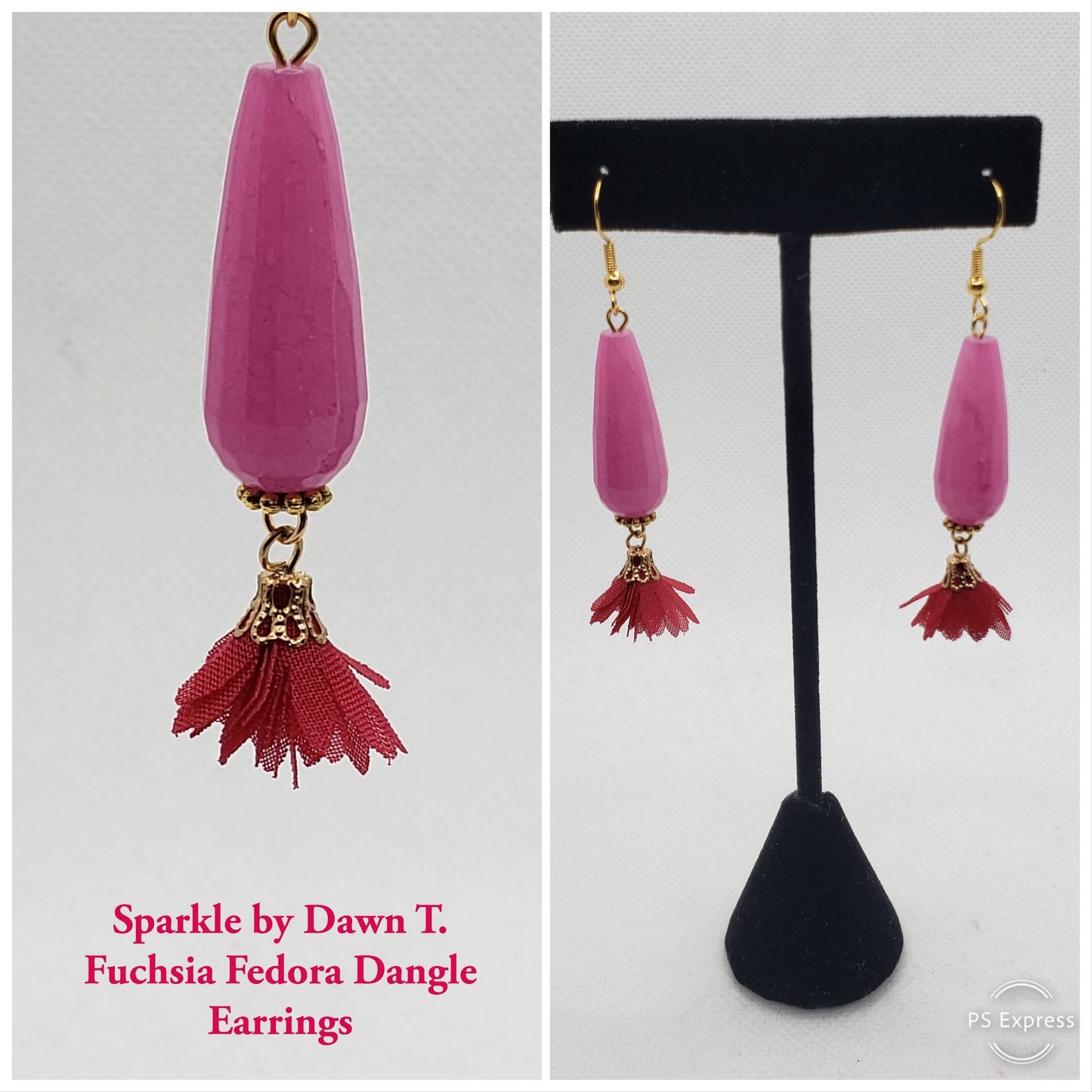 Fuchsia Fedora With Gold Necklace and matching Earrings