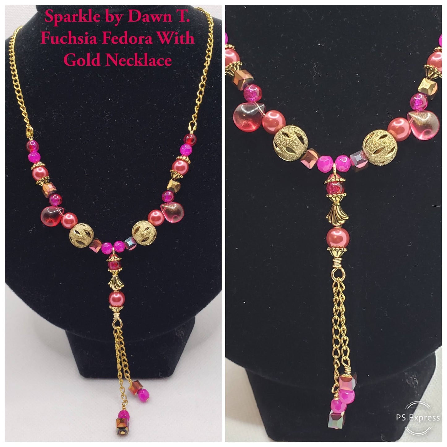 Fuchsia Fedora With Gold Necklace and matching Earrings