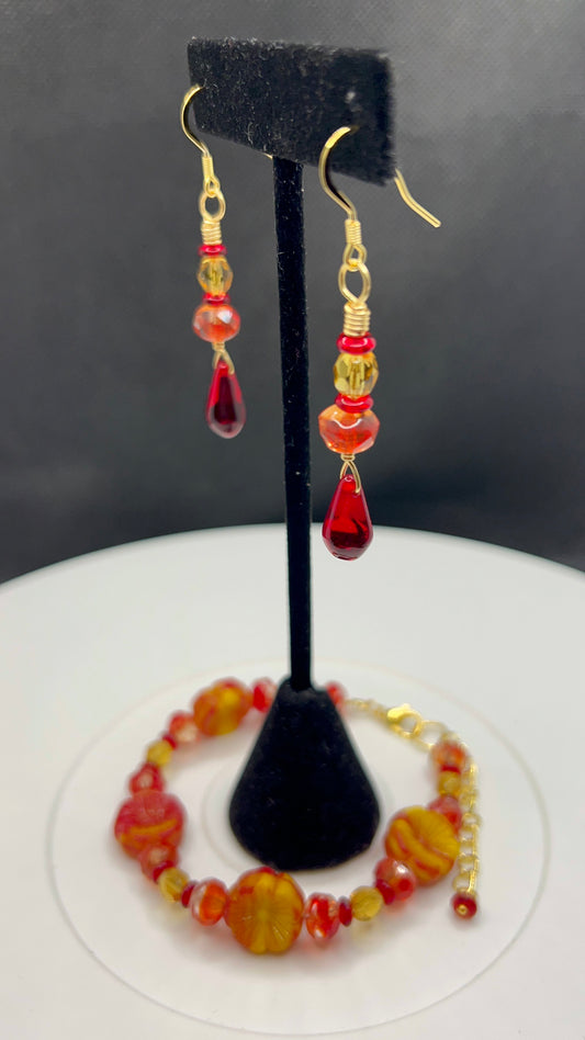 Marigold Mix Czech Glass Hibiscus Flower, Red Crystal, Fiery Red Crystal and Honey Amber Crystal Bracelet and Earrings