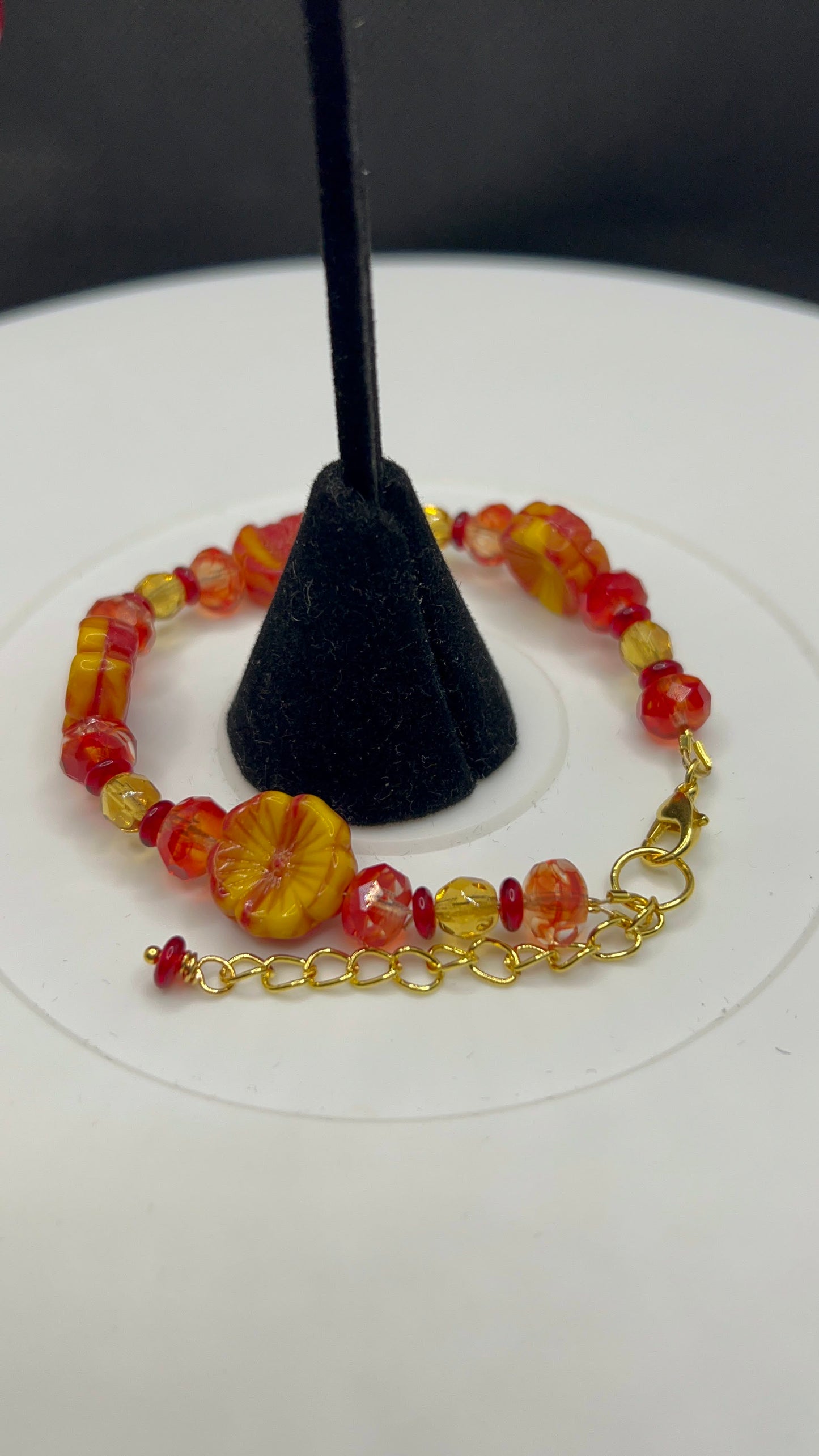 Marigold Mix Czech Glass Hibiscus Flower, Red Crystal, Fiery Red Crystal and Honey Amber Crystal Bracelet and Earrings