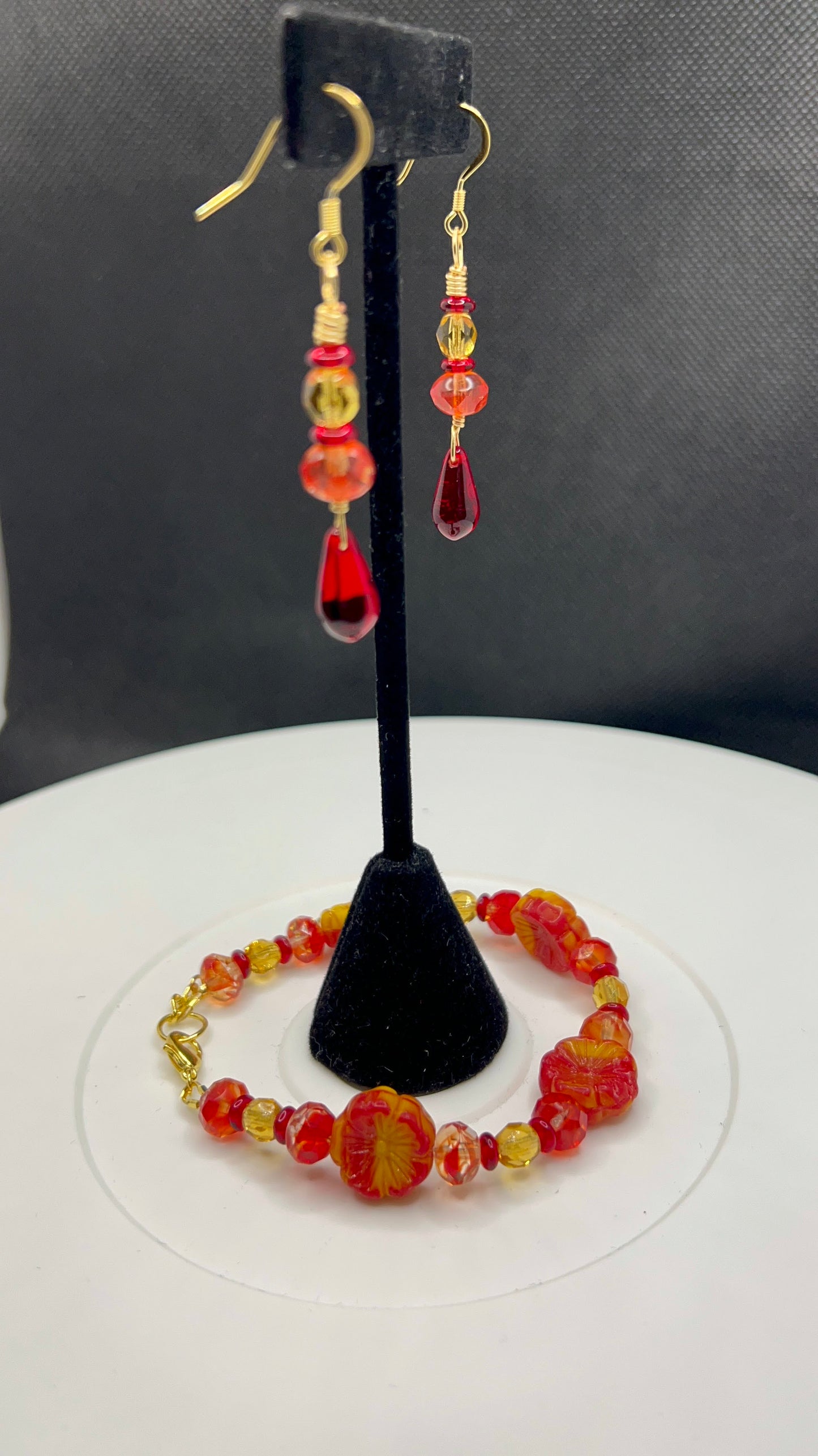 Marigold Mix Czech Glass Hibiscus Flower, Red Crystal, Fiery Red Crystal and Honey Amber Crystal Bracelet and Earrings