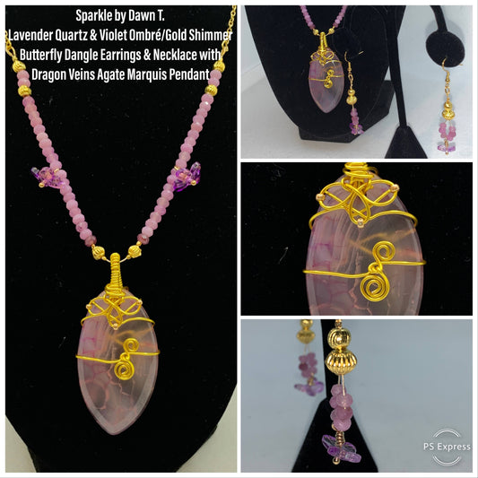 Lavender Czech Glass Necklace with large focal wrapped pendant and matching earrings with butterflies