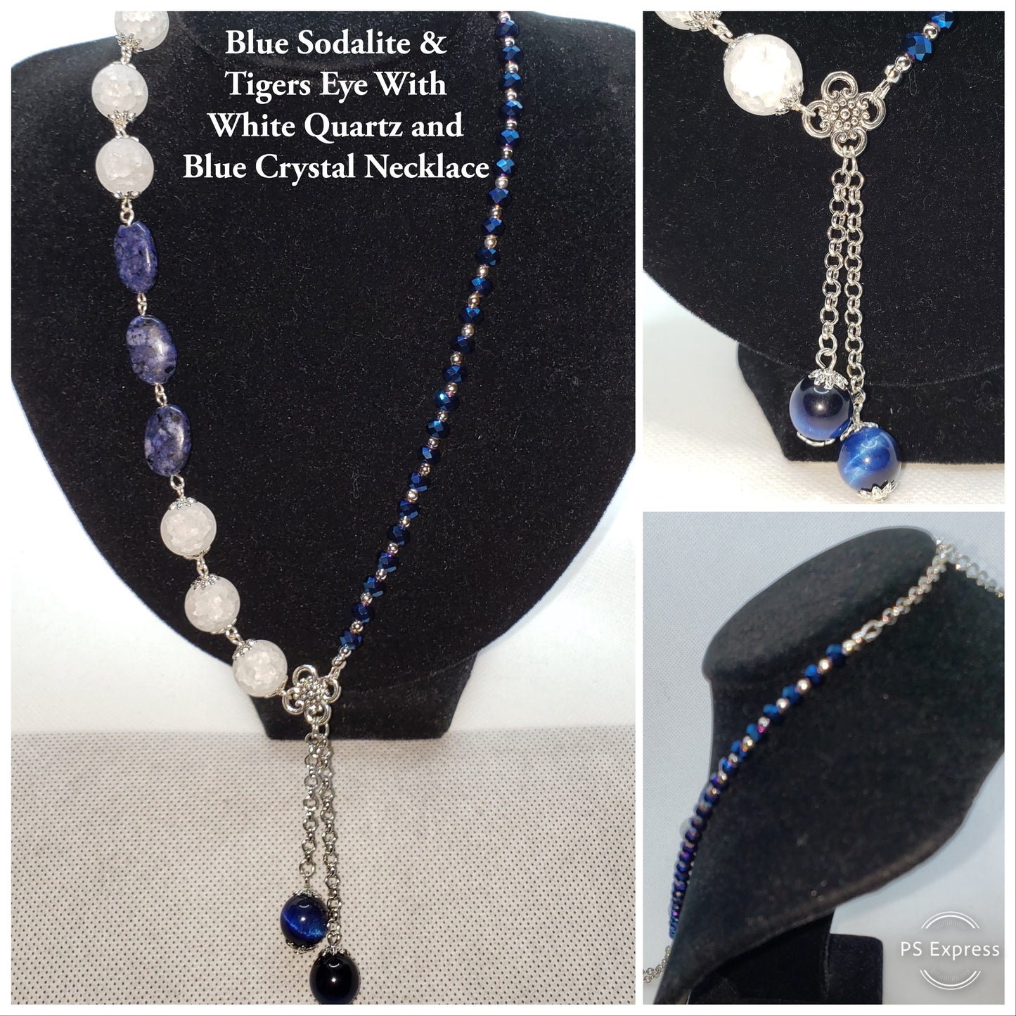 White Quartz, Blue Sodelite, Blue crystals with antique silver fixtures and silver chain. Asymmetrical Necklace