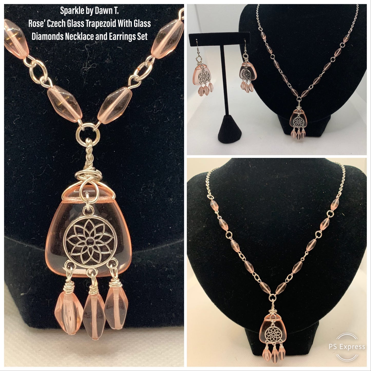 Peach Crystals with Silver flower and dangles necklace 22 in chain with 2 1_2 in pendant and matching earrings