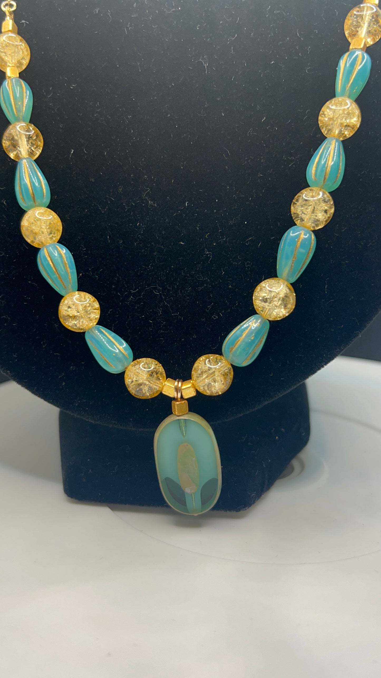 Czech Glass Golden Sands Crackle Beads & Goldwash Seaform Opal Melons Necklace & Earrings