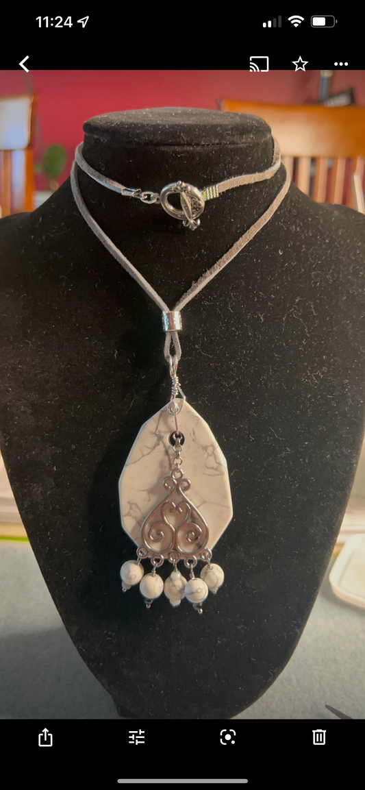 Howlite with Chandelier & Crystal Rondelle Pendant on Faux Suede Necklace