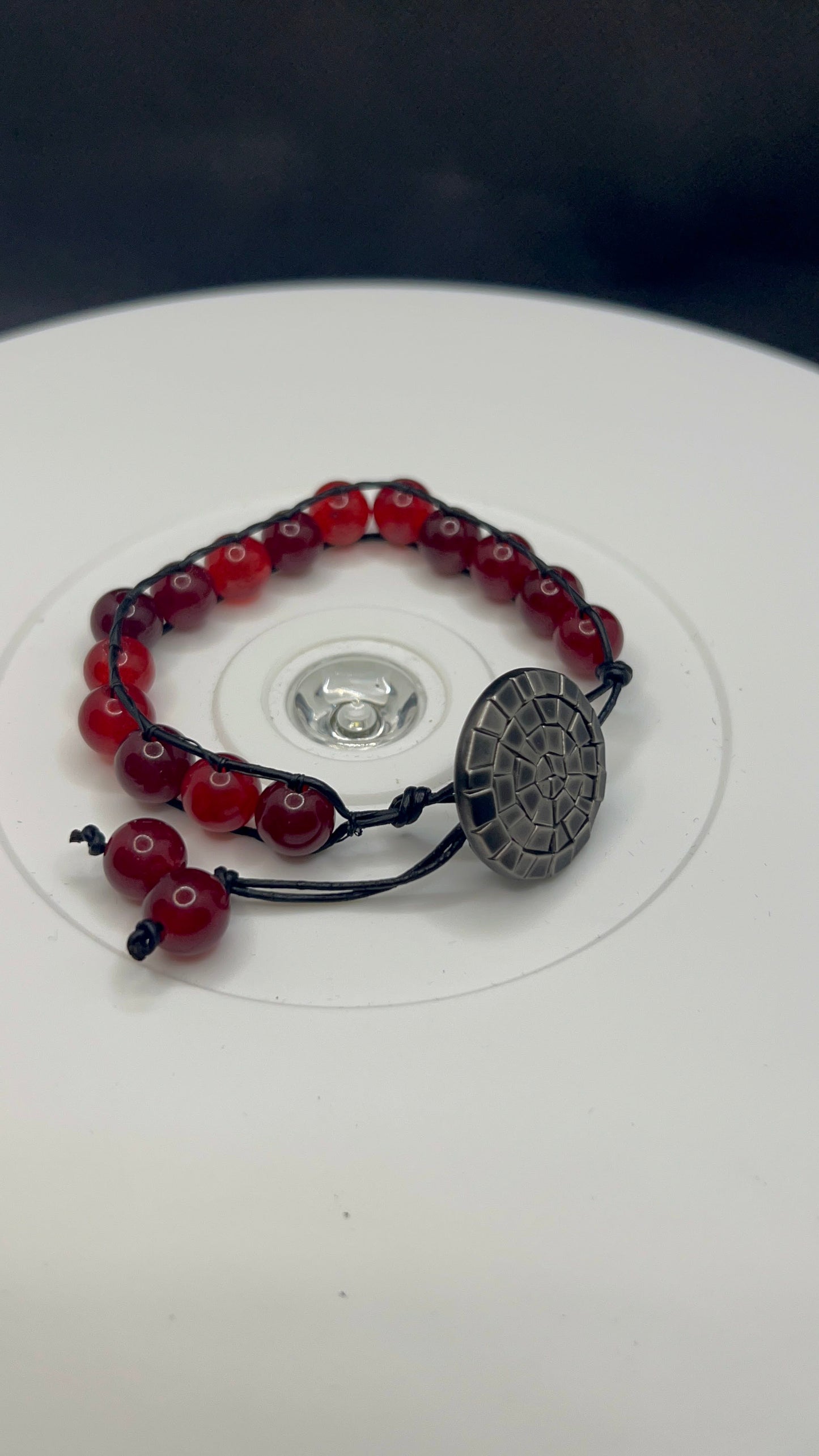 Rouge Quartz Leather Woven Button Closure Bracelet