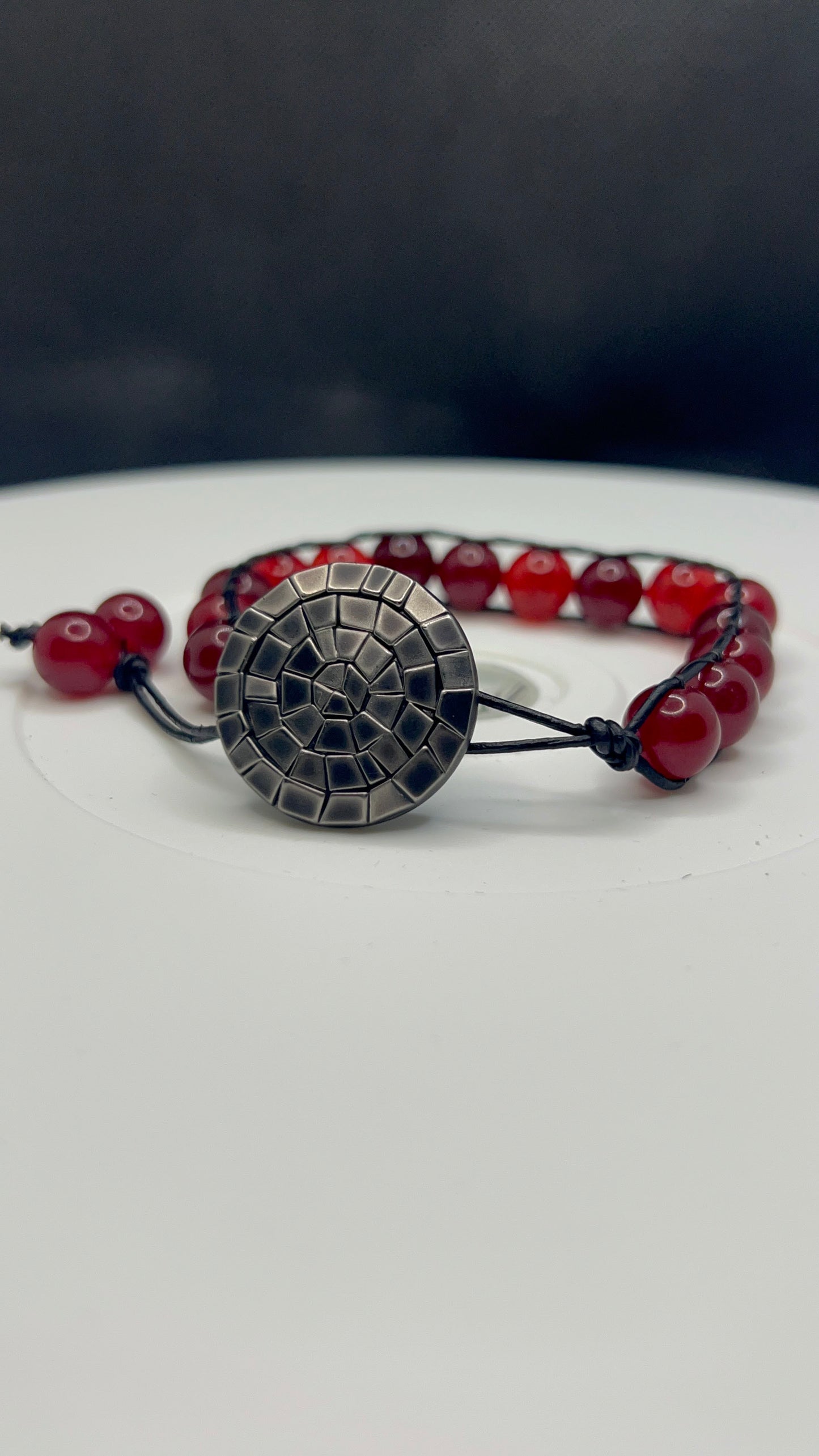 Rouge Quartz Leather Woven Button Closure Bracelet