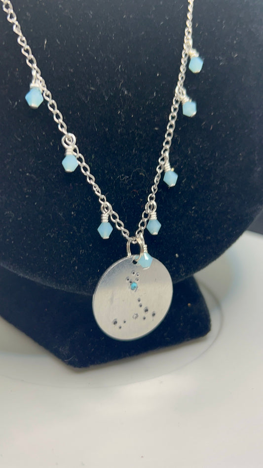 Pisces Stamped Silver Pendant with aquamarine decorated chain