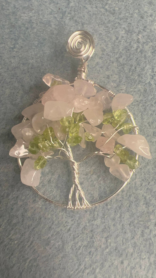 Tree of Life Pink Quartz & Peridot Pendant Necklace