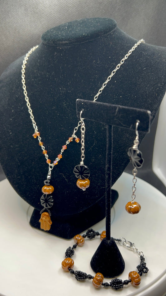 Czech Glass Mottled Orange Silk Luster Pumpkins, Hand & Black Sunburst Coin Necklace, Bracelet & Earrings