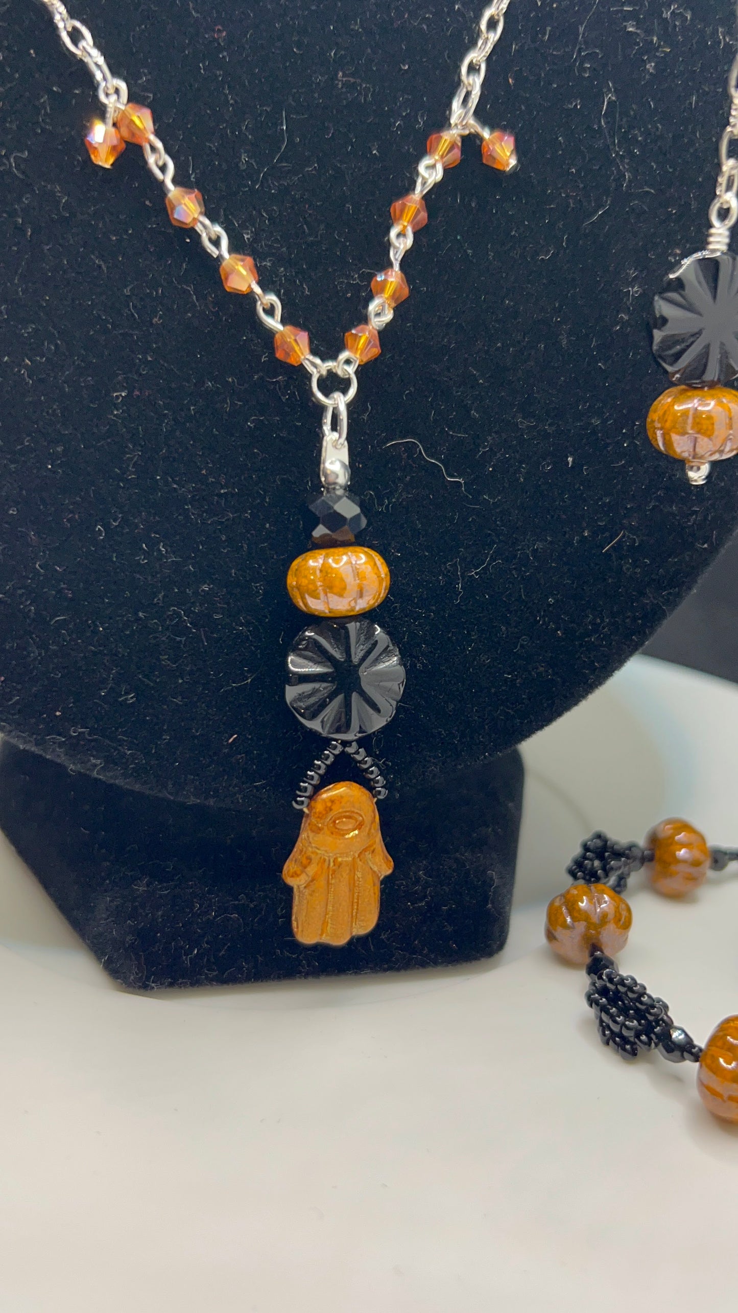 Czech Glass Mottled Orange Silk Luster Pumpkins, Hand & Black Sunburst Coin Necklace, Bracelet & Earrings