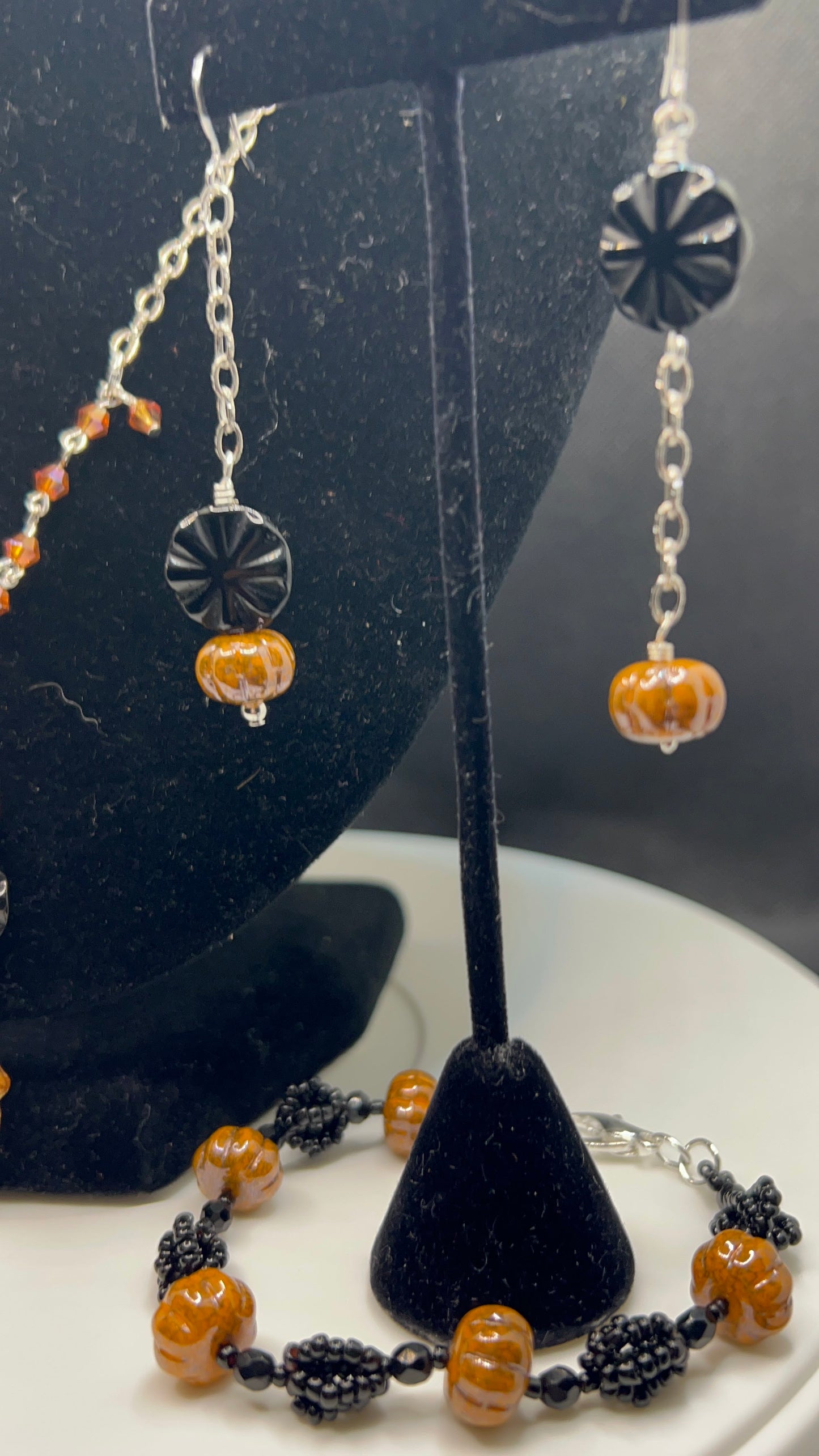 Czech Glass Mottled Orange Silk Luster Pumpkins, Hand & Black Sunburst Coin Necklace, Bracelet & Earrings