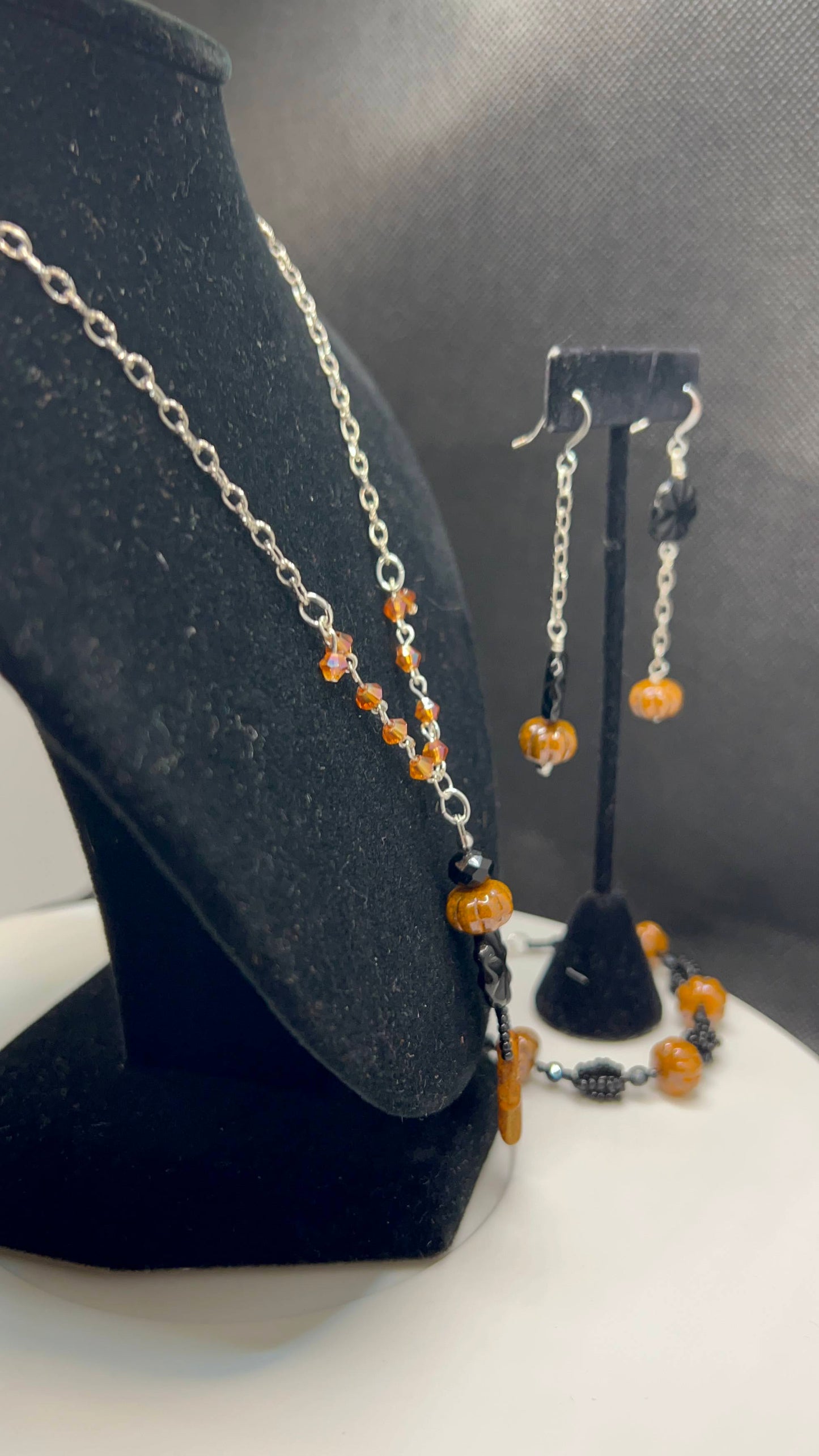 Czech Glass Mottled Orange Silk Luster Pumpkins, Hand & Black Sunburst Coin Necklace, Bracelet & Earrings