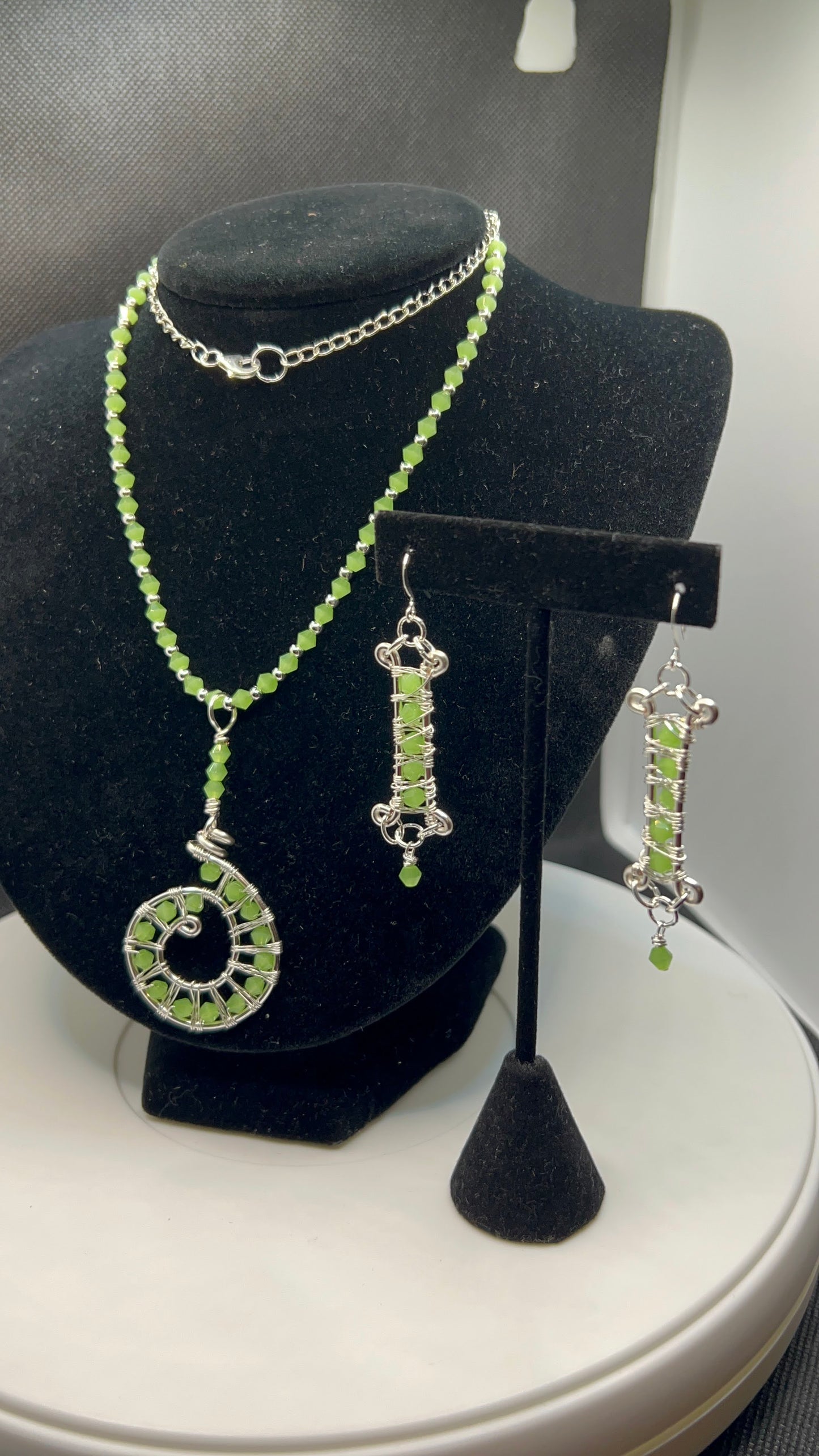 24 inch Swirl Green Crystals Necklace (2 3/4inch pendant) & Earrings