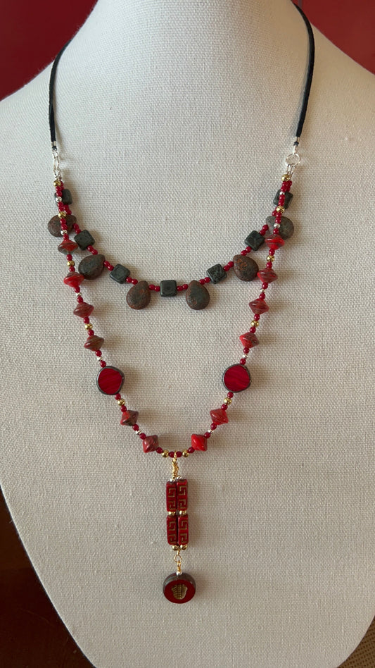 Double-Layered Necklace with Czech Glass Suede Red Silk Copper & Matte Black Picasso Beads Necklace, Bracelet and Earrings