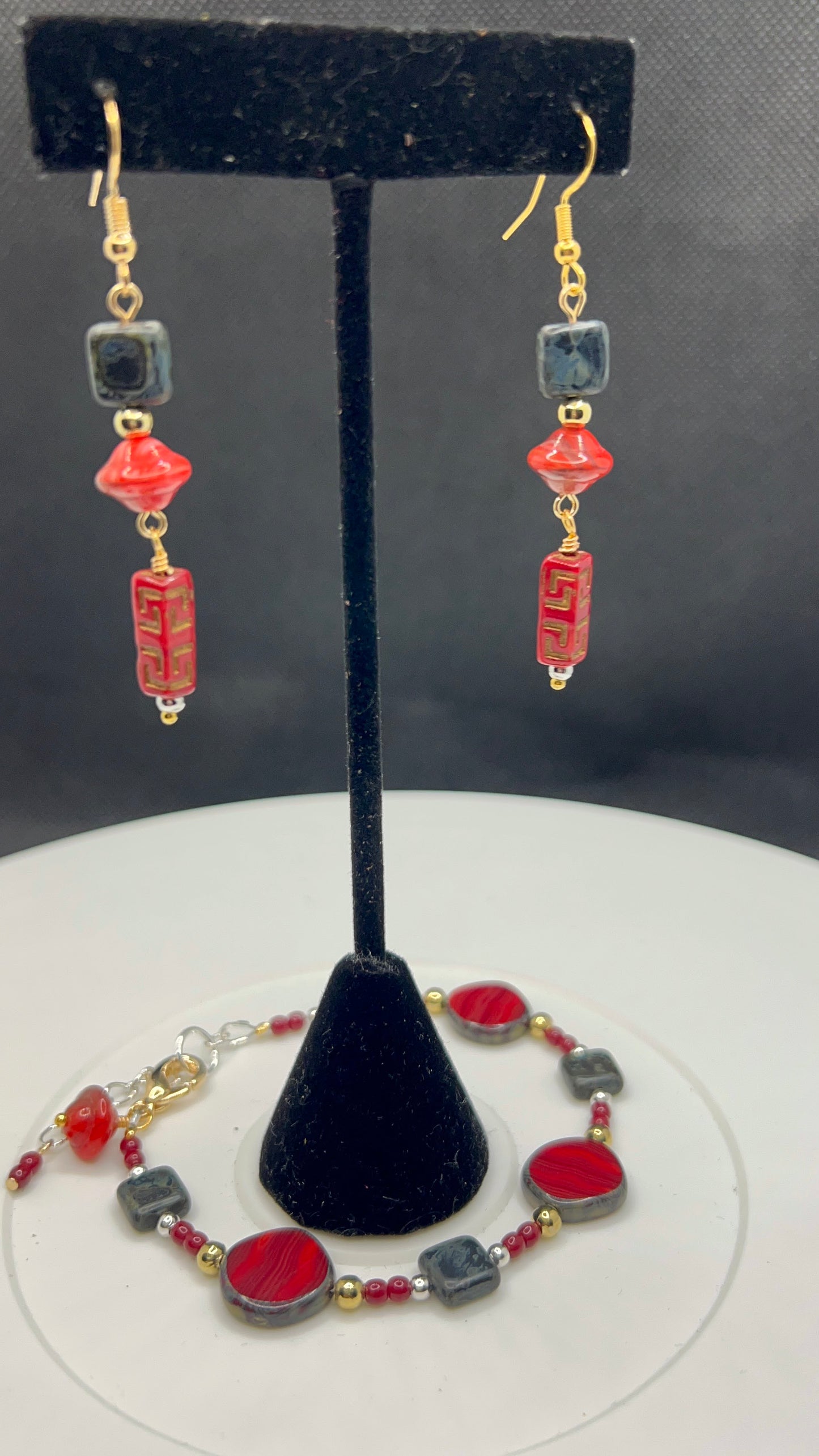 Double-Layered Necklace with Czech Glass Suede Red Silk Copper & Matte Black Picasso Beads Necklace, Bracelet and Earrings