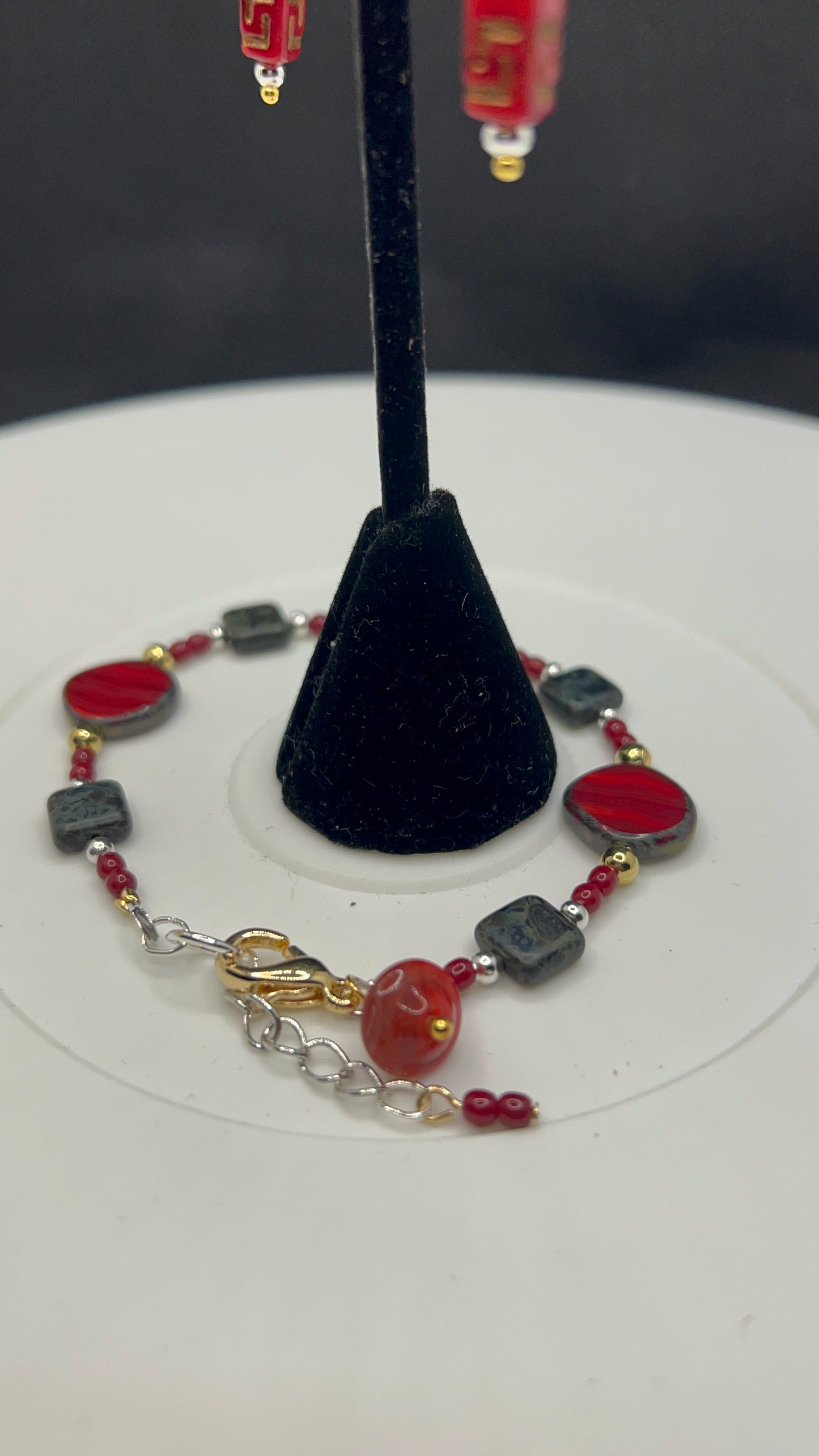 Double-Layered Necklace with Czech Glass Suede Red Silk Copper & Matte Black Picasso Beads Necklace, Bracelet and Earrings