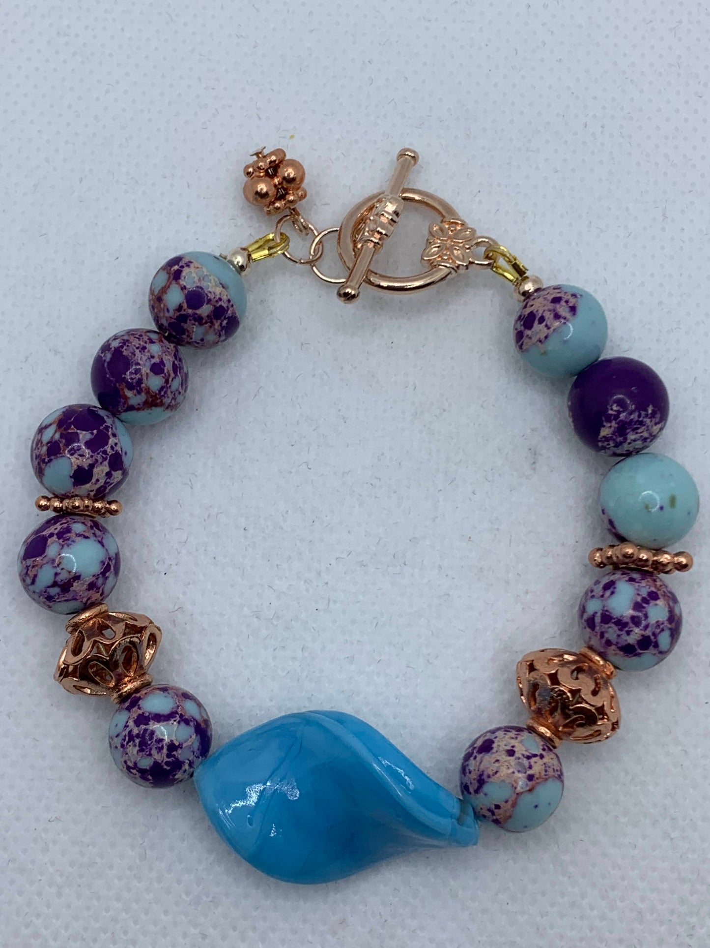 Purple Blue Imperial Jasper and Rose Gold and Turquoise focal Bracelet