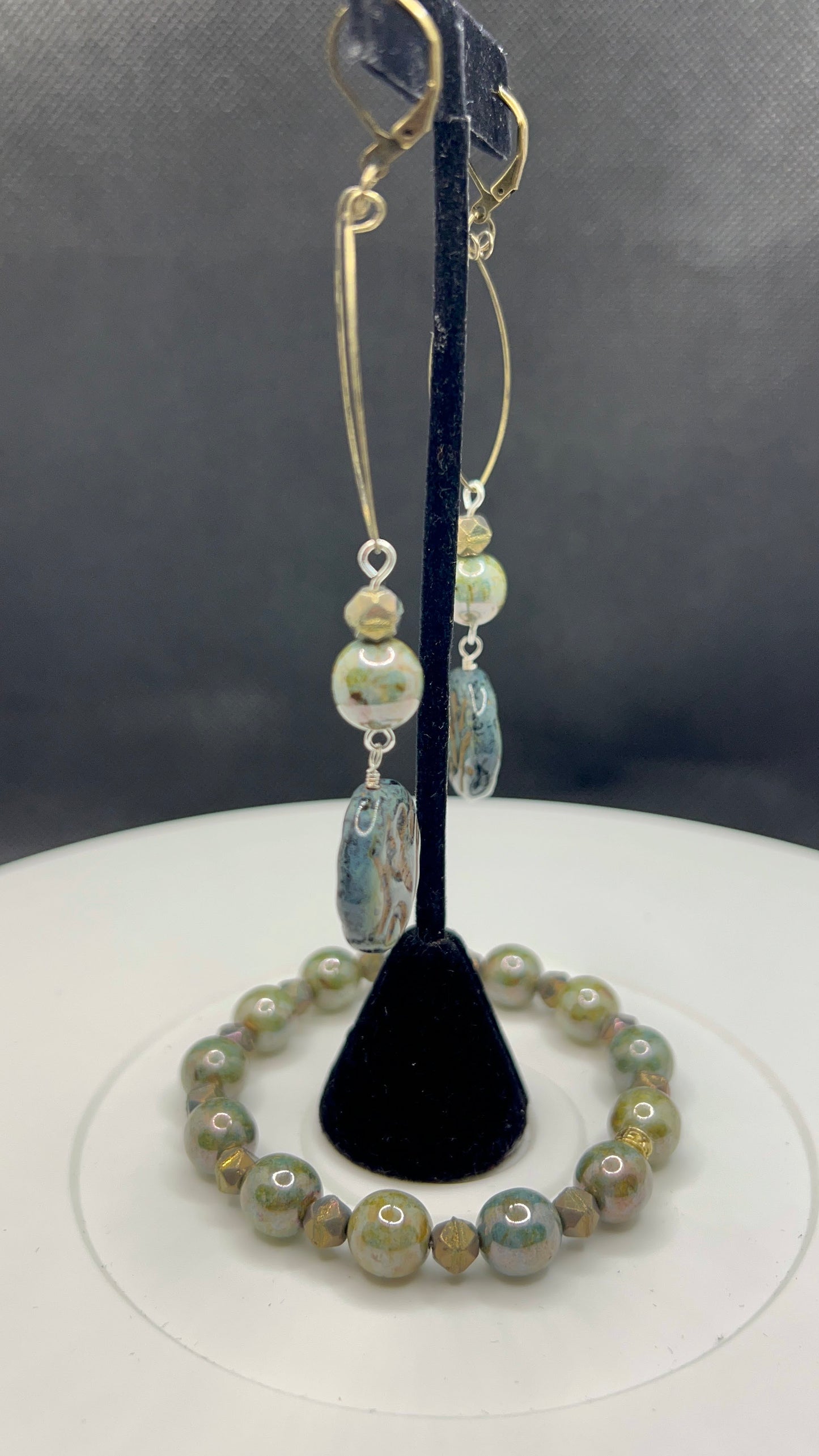 Green Marble Picasso and Green Raku Czech Glass Stretch Bracelet with Earrings