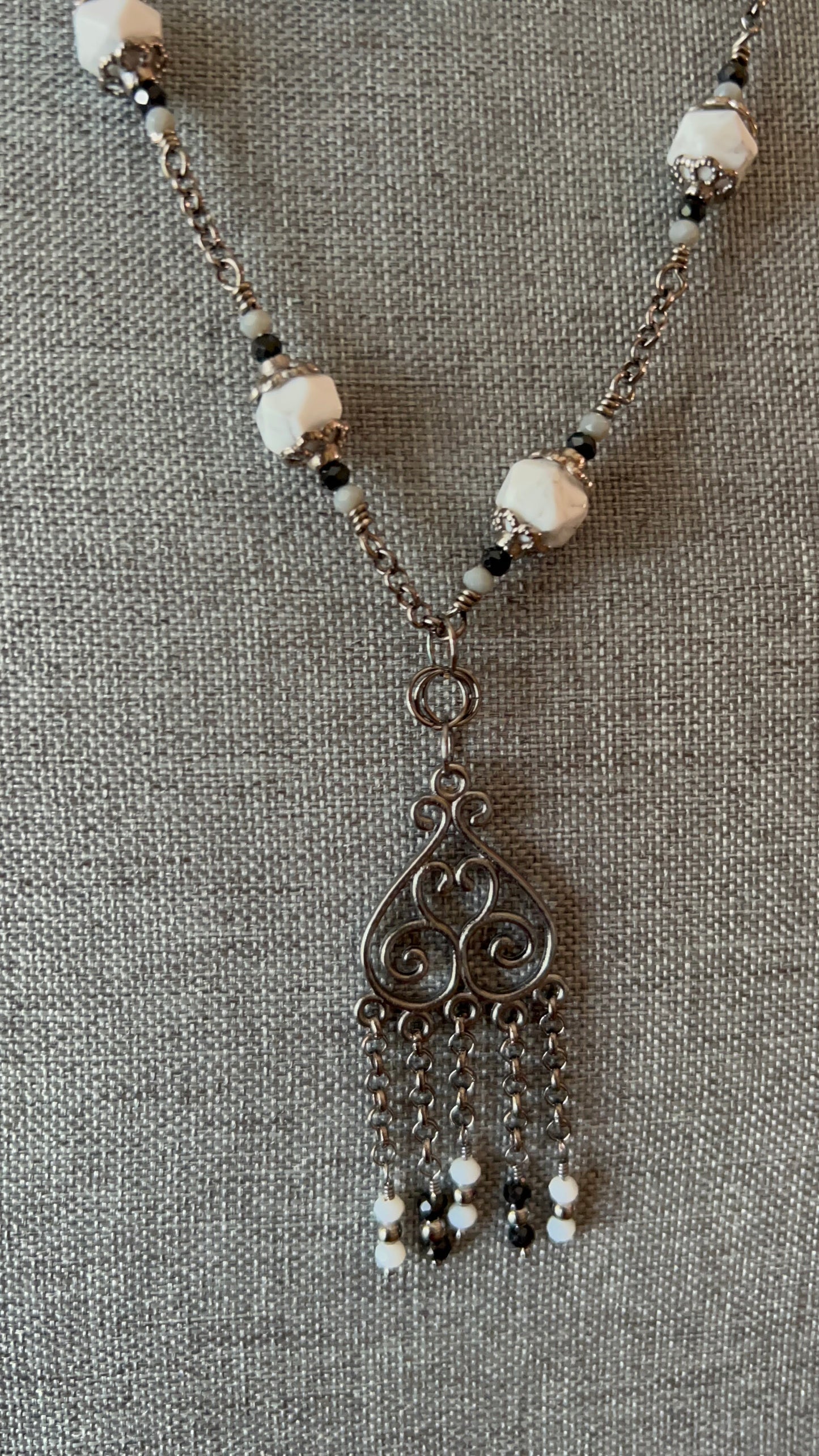 Gun Metal and White Howlite layered Necklace with Focal