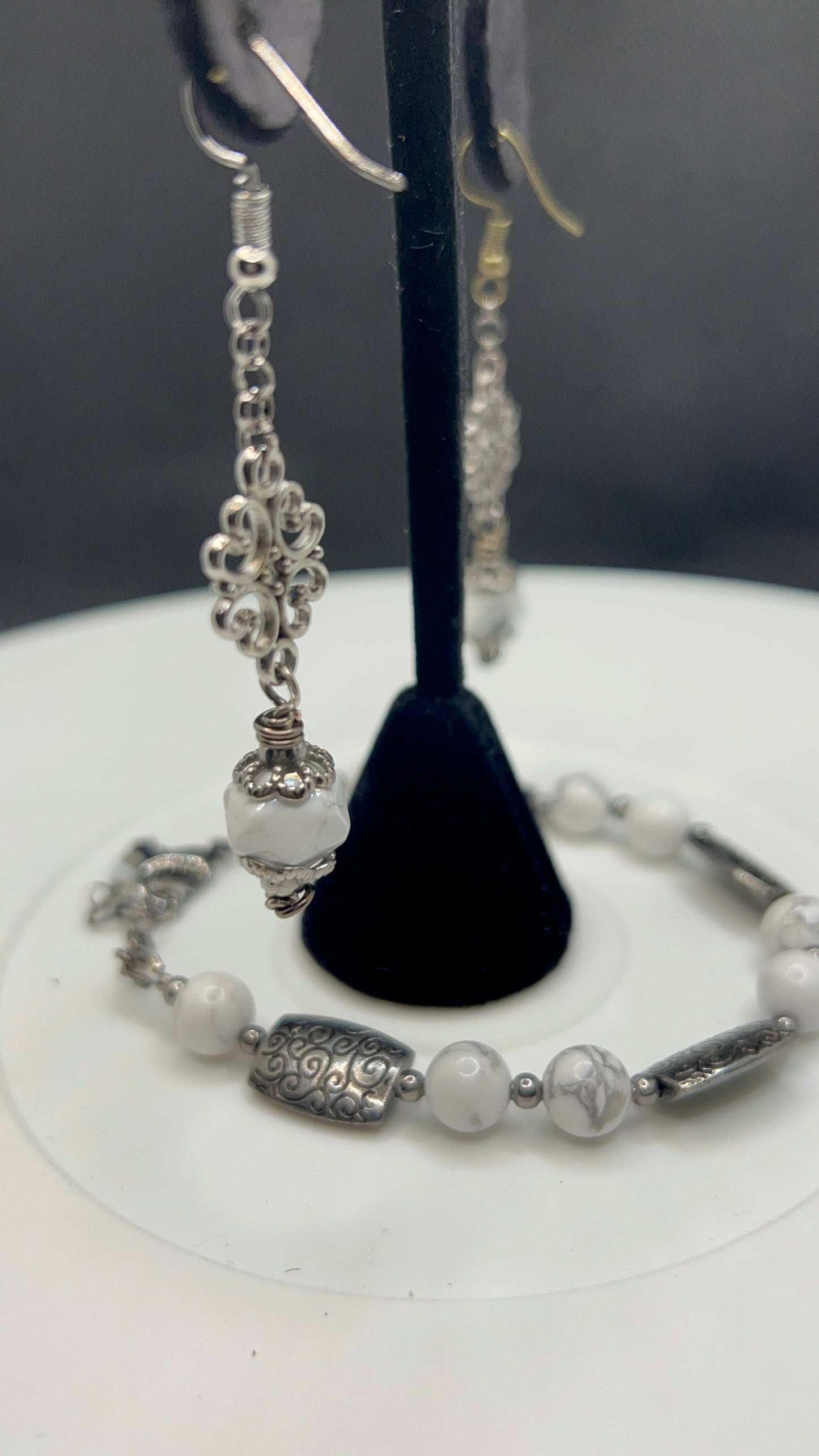 Gun Metal and White Speckled howlite Bracelet and Earrings