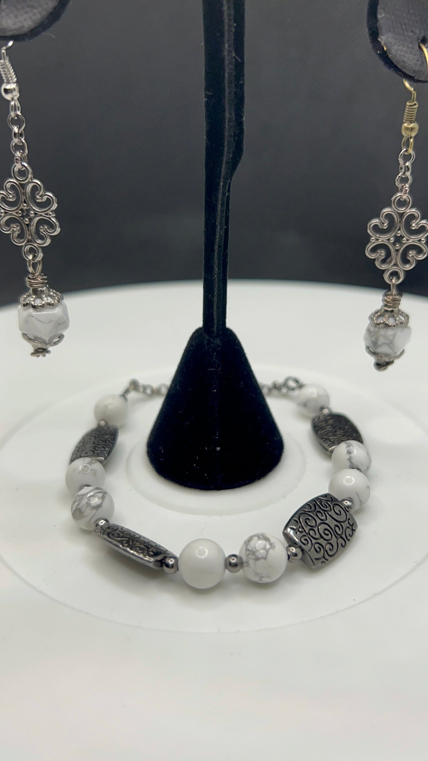 Gun Metal and White Speckled howlite Bracelet and Earrings