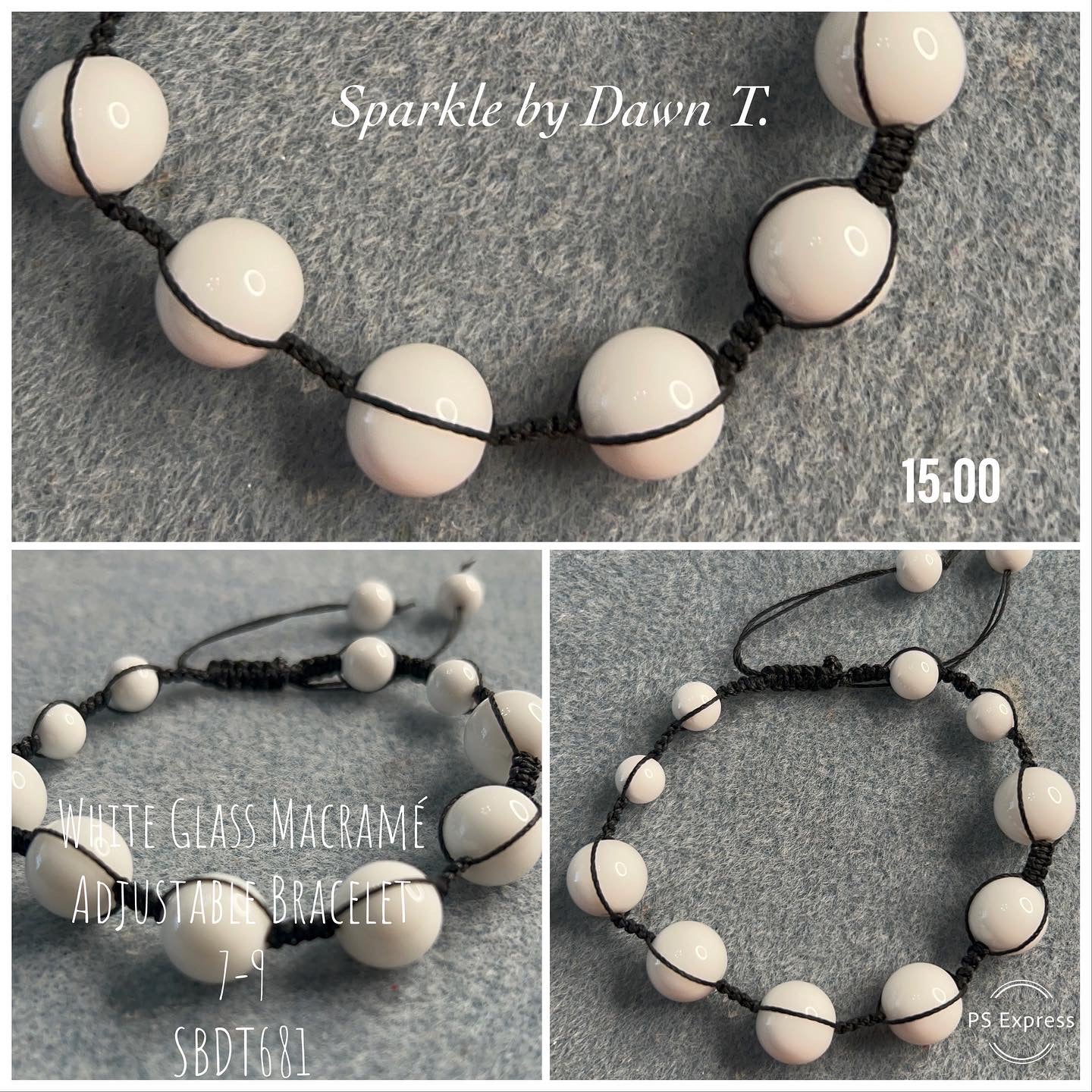 White Glass Macrame Black Adjustable Bracelet