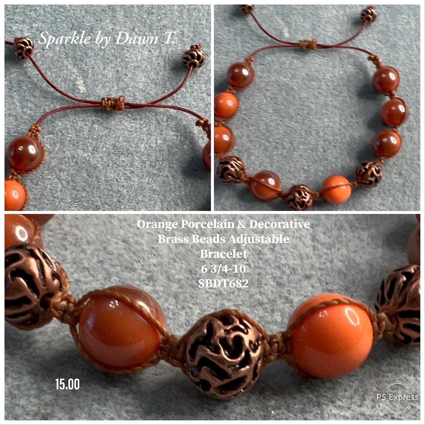 Orange Porcelain and Brass Decorative Beaded Adjustable Bracelet