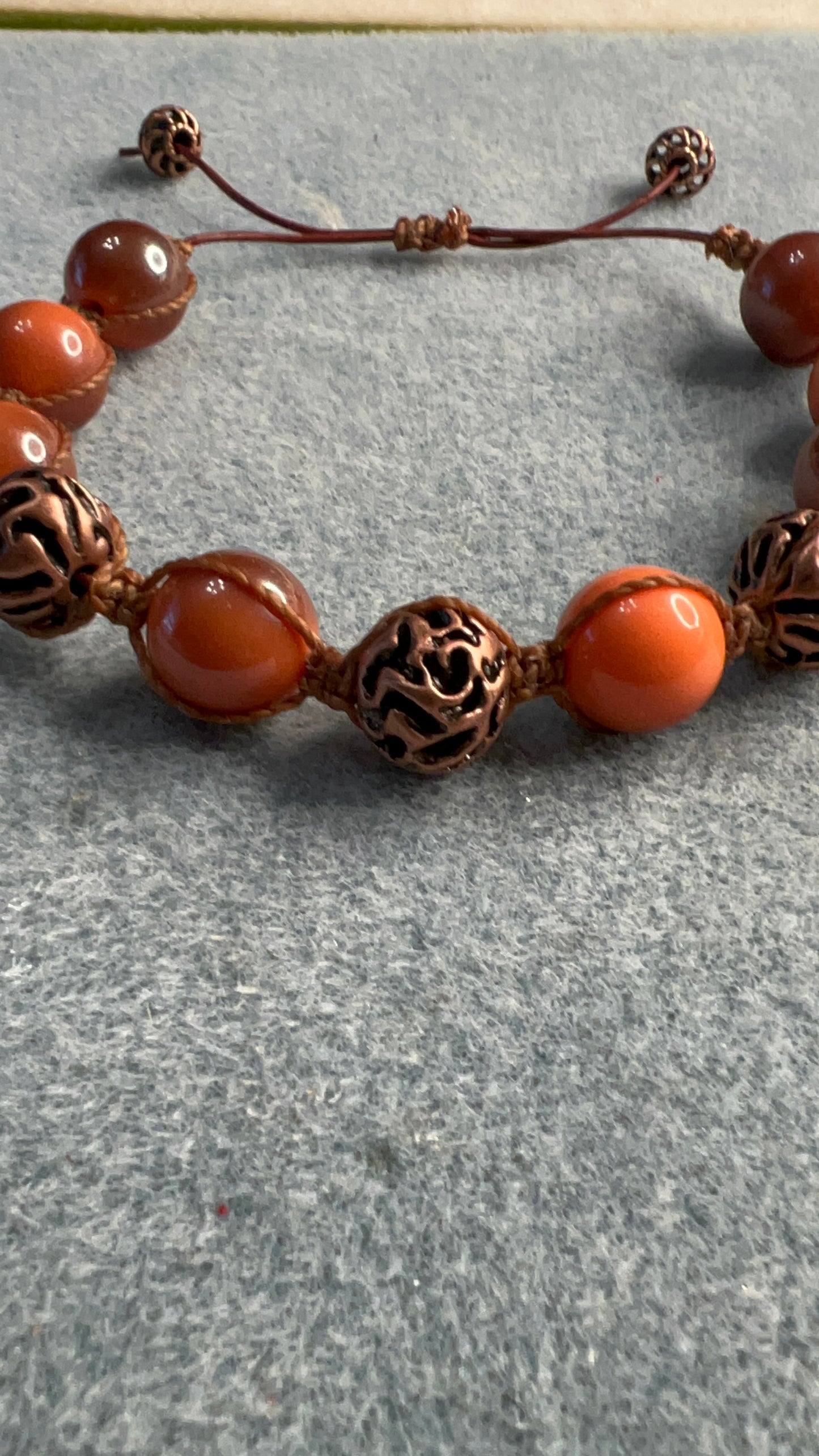 Orange Porcelain and Brass Decorative Beaded Adjustable Bracelet