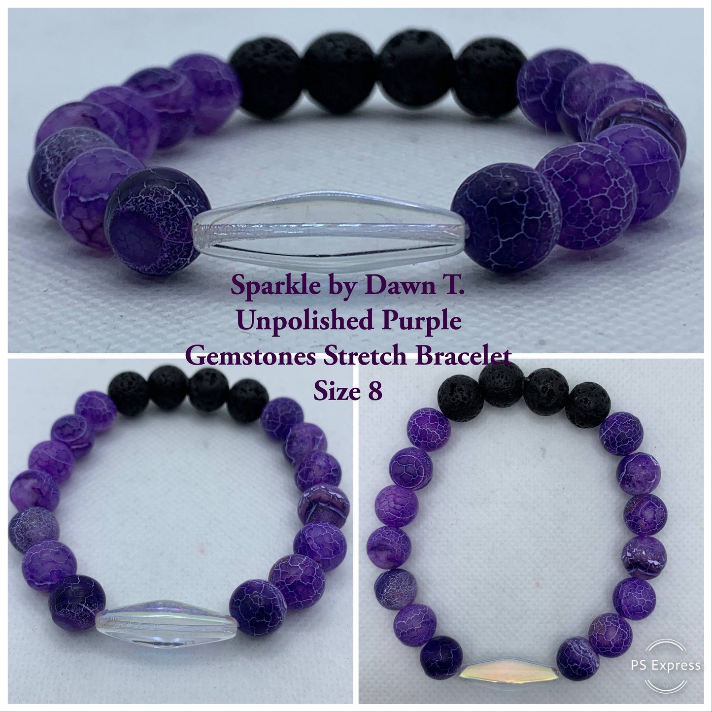 Unpolished Purple Gemstones and black lava beads with Clear diamond shaped focal unisex Stretch Bracelet