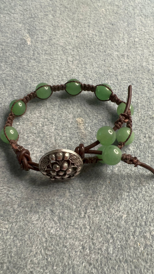 Green Aventurine with Brown Leather Bracelet with Button Closure