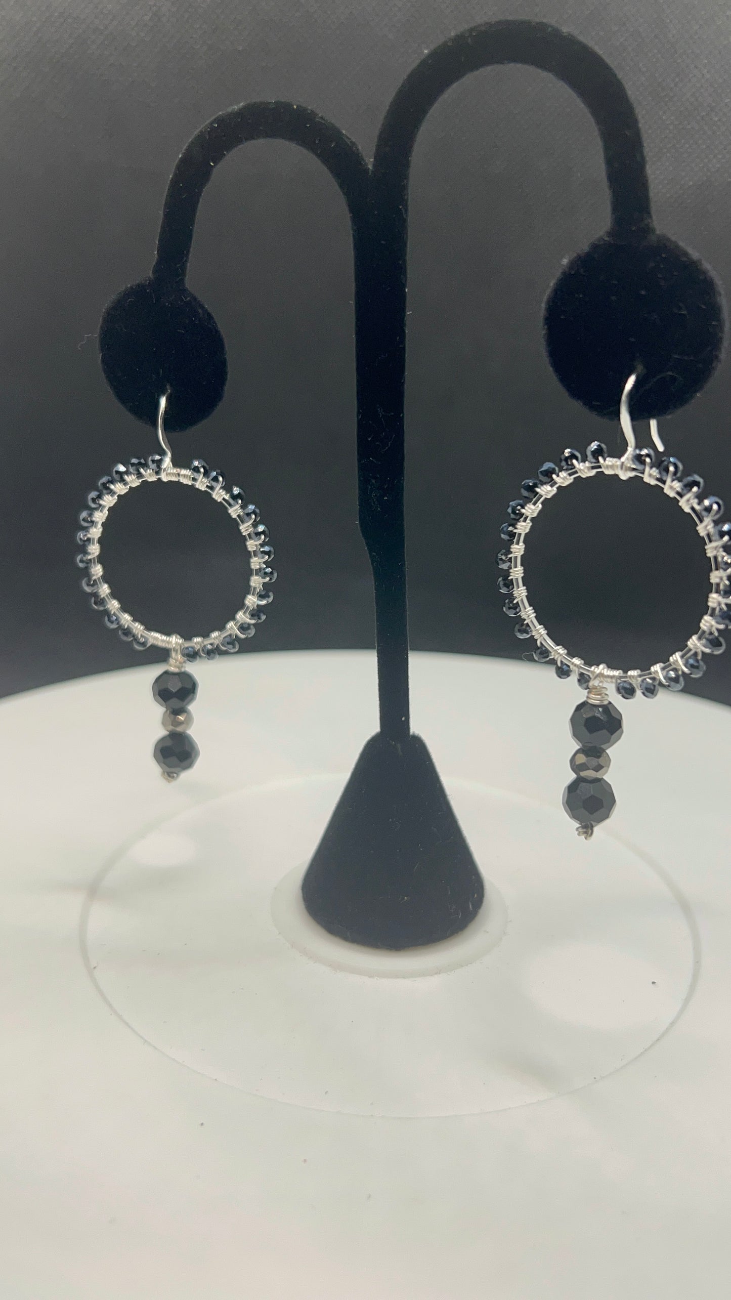 Black Fire Polished Crystals Circle Dangle Earrings with Silver and Black Drops