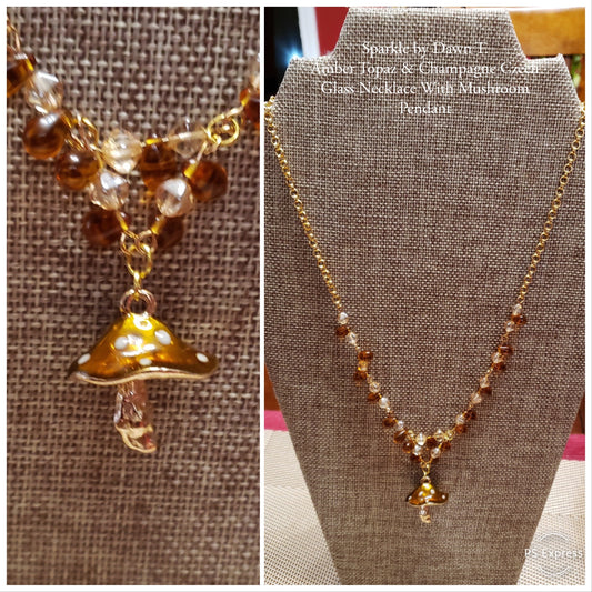 Caramel and neutral Czech Glass Beaded Gold Chain with Mushroom focal Necklace