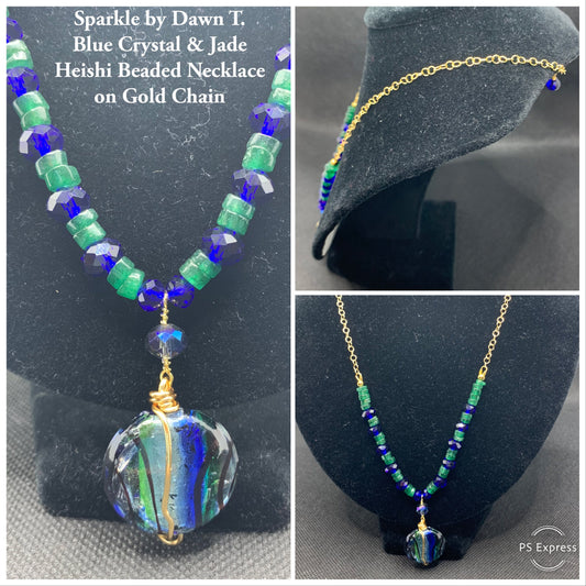 Green Heishi and Blue Crystals with Large Round Focal Necklace