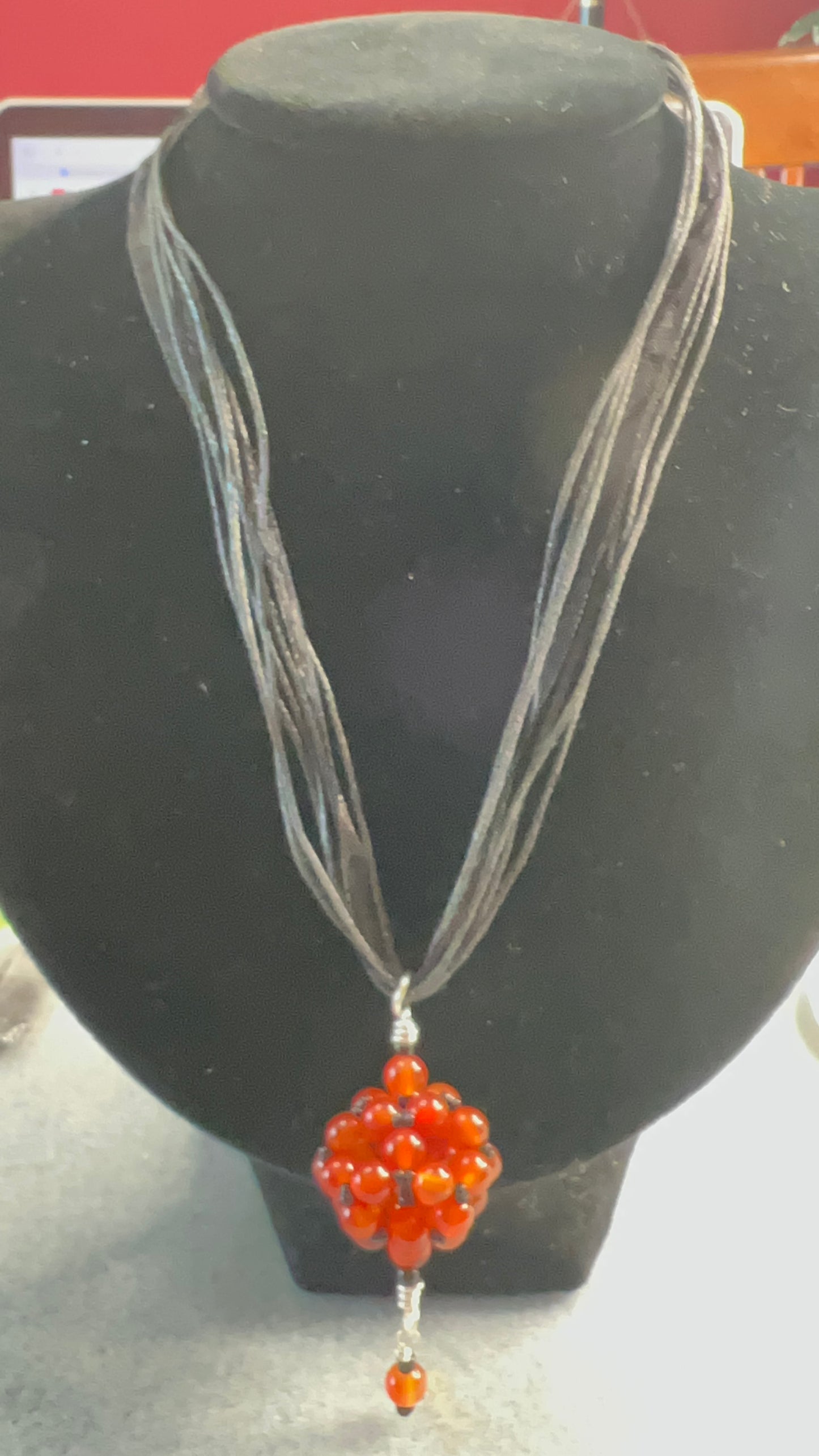 Carnelian Handmade Bead Focal on Ribbon and Cord Black