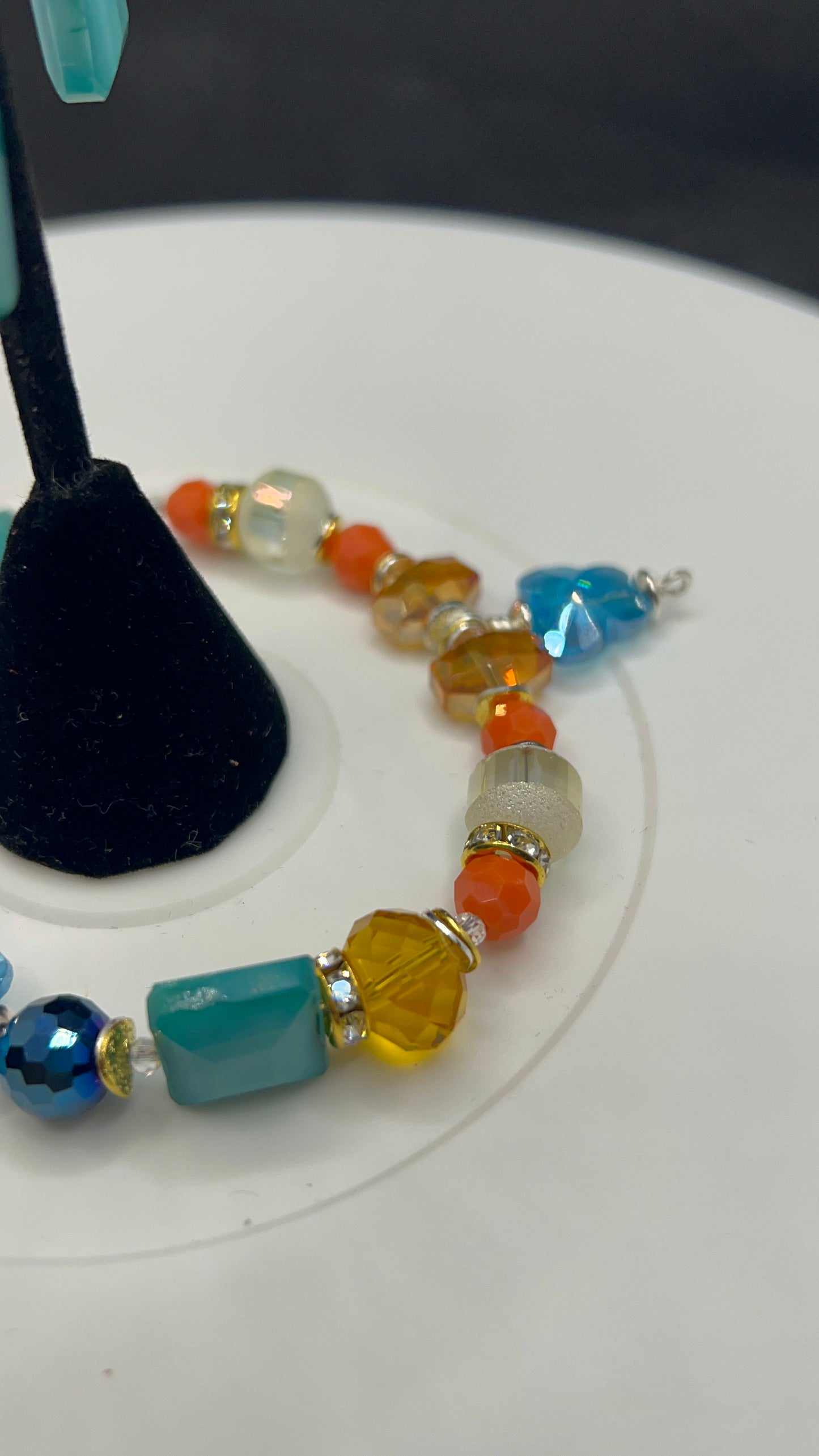 Rainbow Wave - turquoise, royal blue, orange, white, amber, butterfly, bling and yellow crystal with silver bracelet and matching oval Earrings with turquoise and Amber crystals