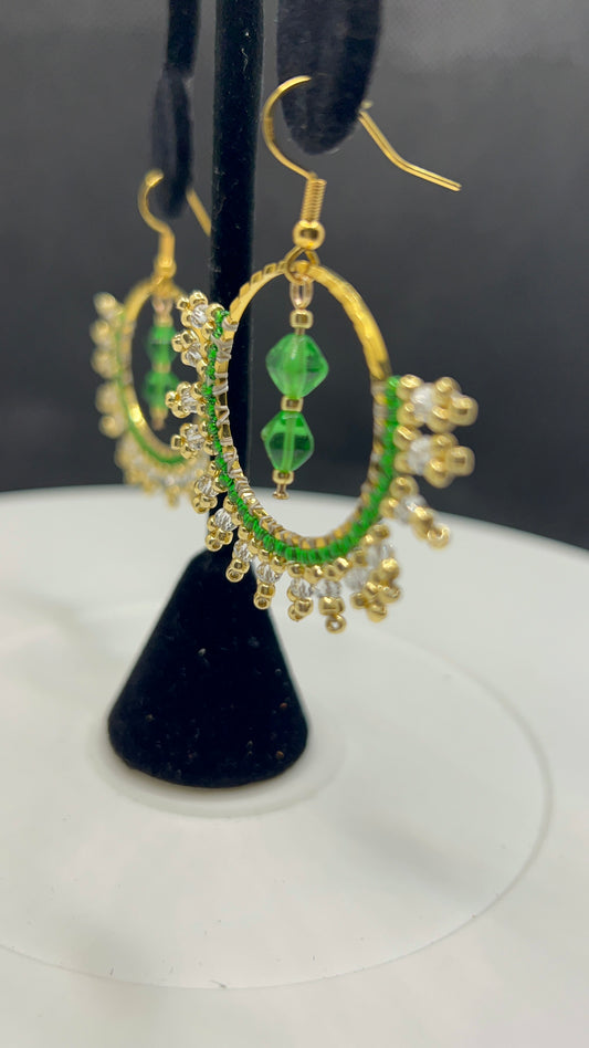 Green and Clear Firepolish Crystal on Gold-Wrapped Earrings