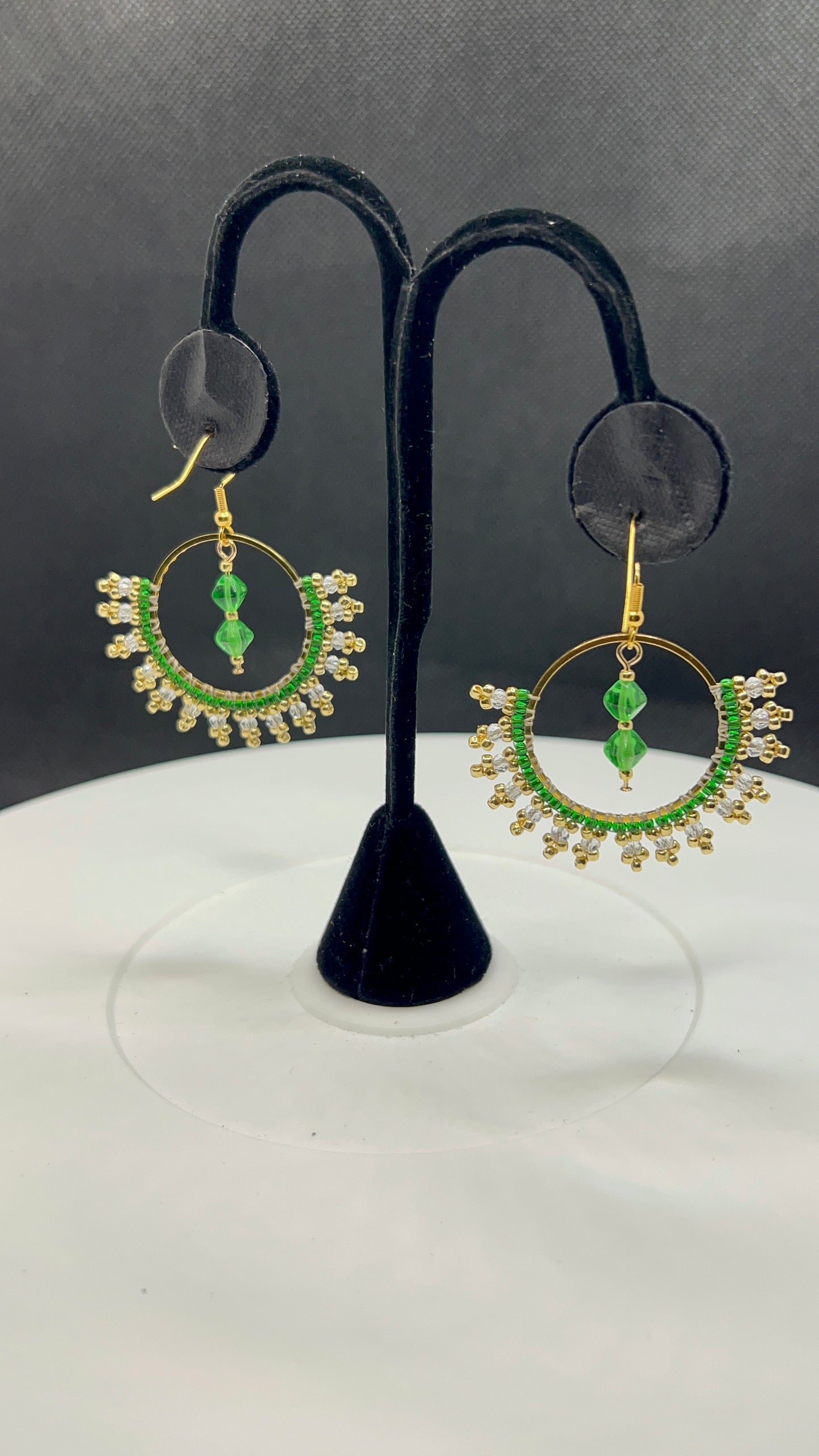 Green and Clear Firepolish Crystal on Gold-Wrapped Earrings