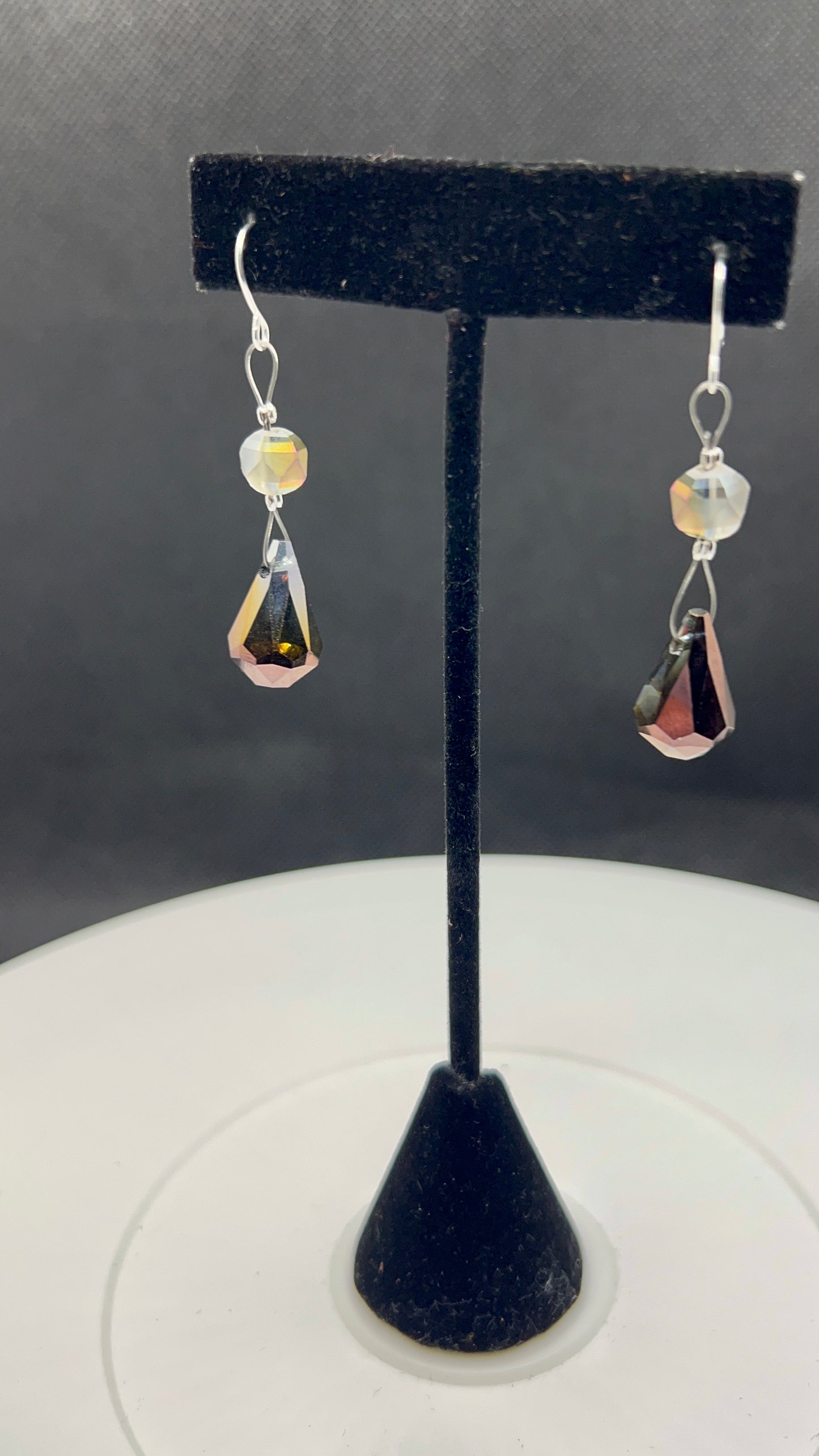 Bronze Teardrop Crystal with Grayish-Silver Crystal Earrings