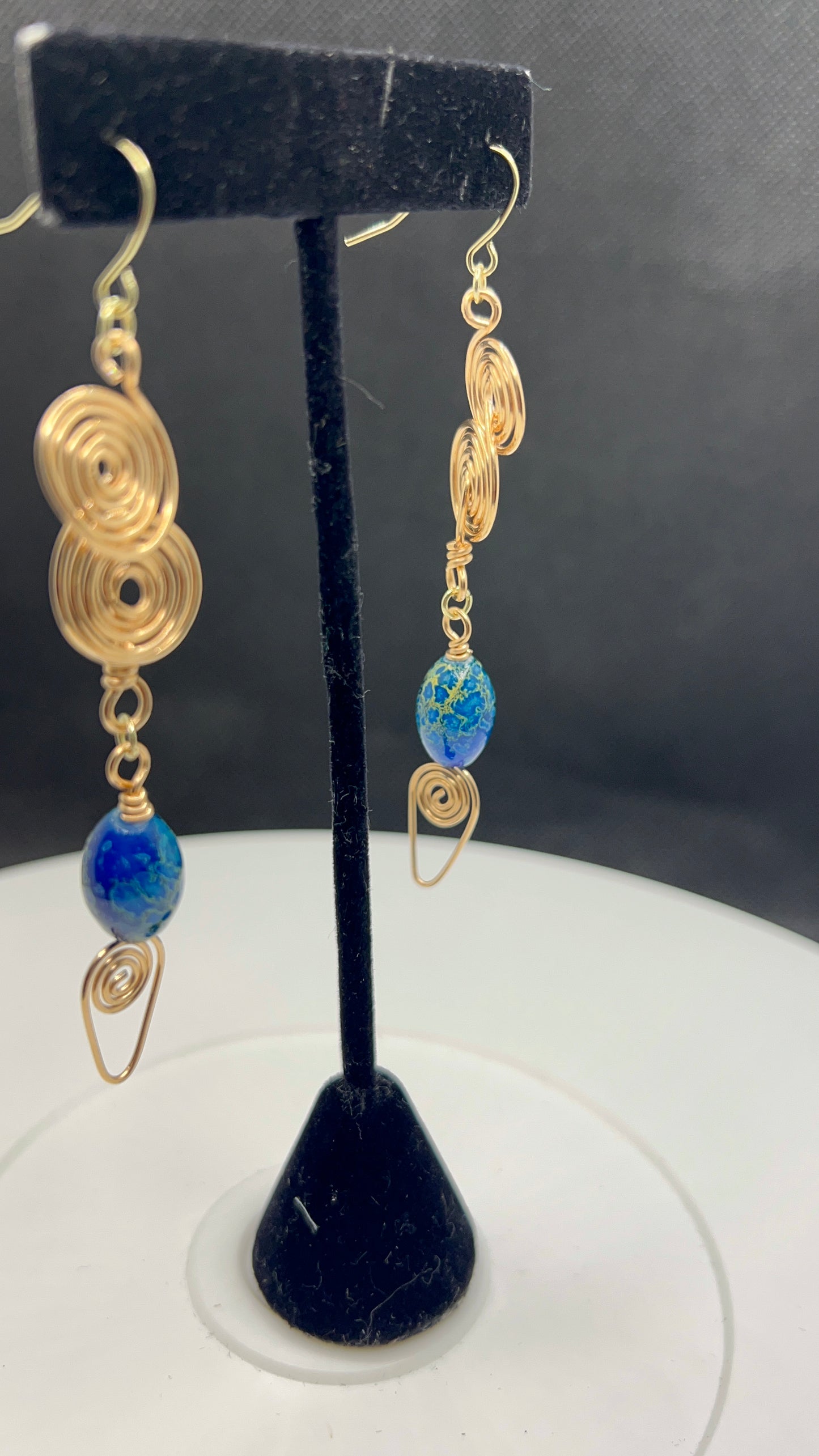 Brass Handmade Swirl and Blue Speckled Barrel Beaded Earrings